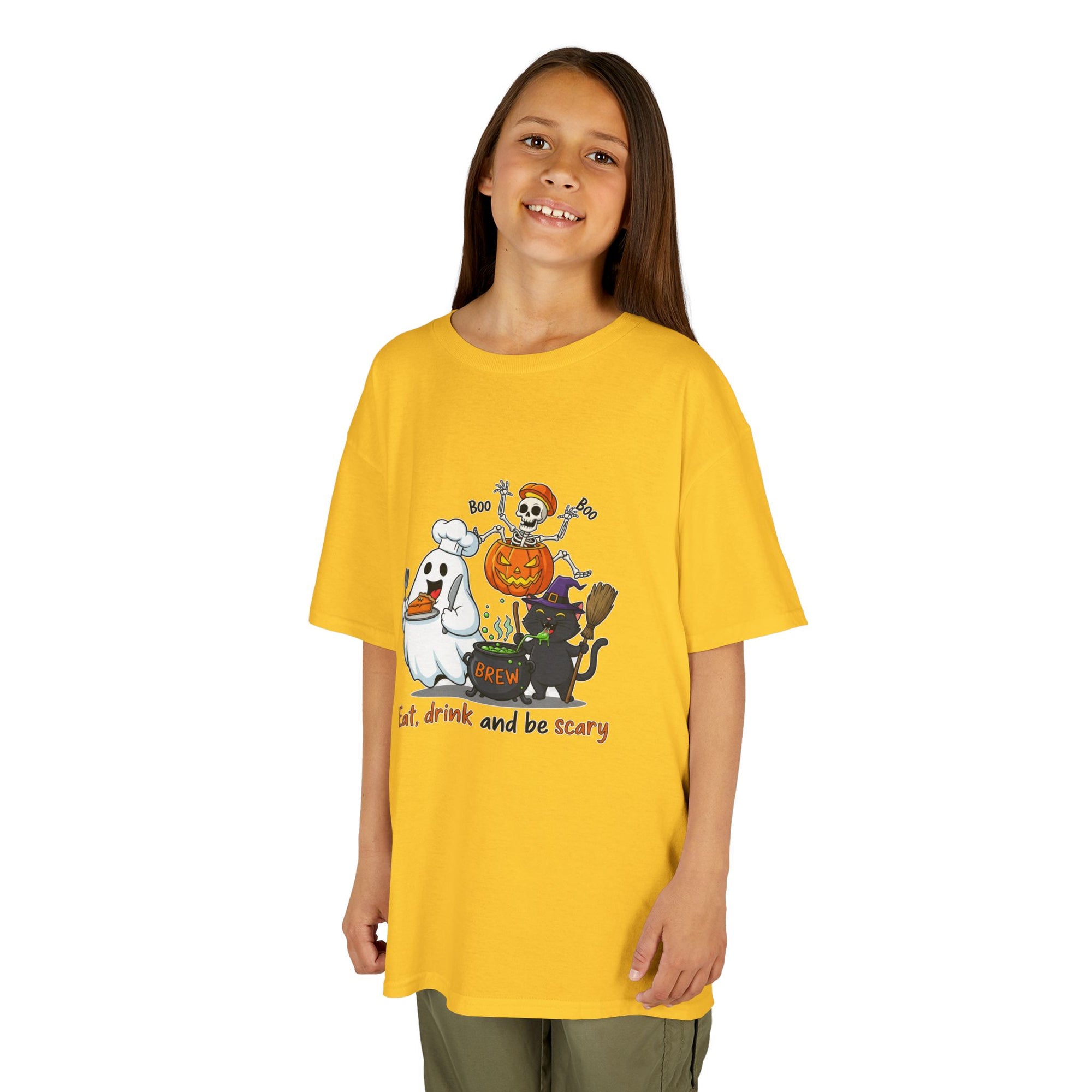 Eat Drink and Be Scary Kids Halloween T-Shirt | Cute Ghost Skeleton Pumpkin Cat Shirt for Boys Girls Trick or Treat Tee - Atlas Briefly