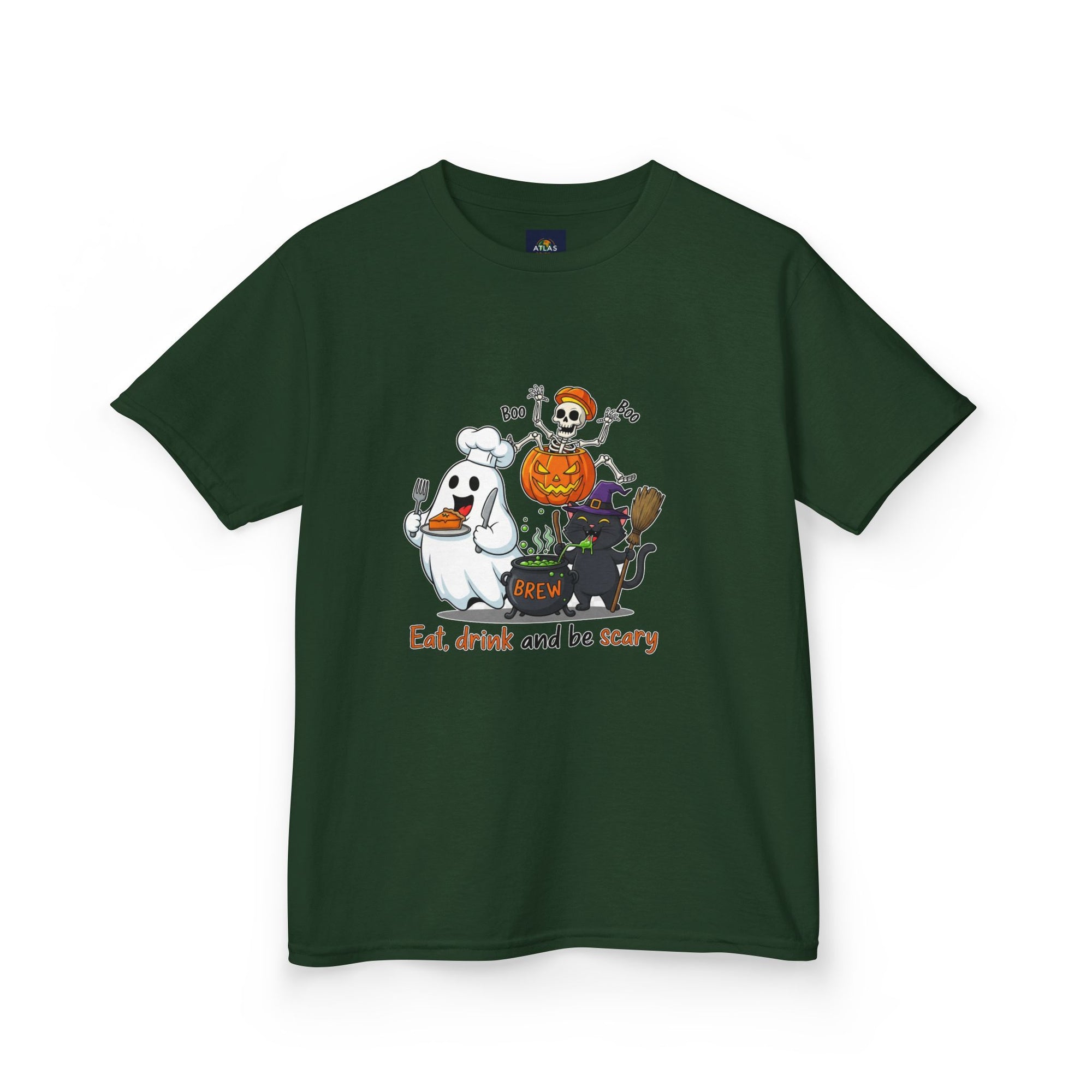 Eat Drink and Be Scary Kids Halloween T-Shirt | Cute Ghost Skeleton Pumpkin Cat Shirt for Boys Girls Trick or Treat Tee - Atlas Briefly