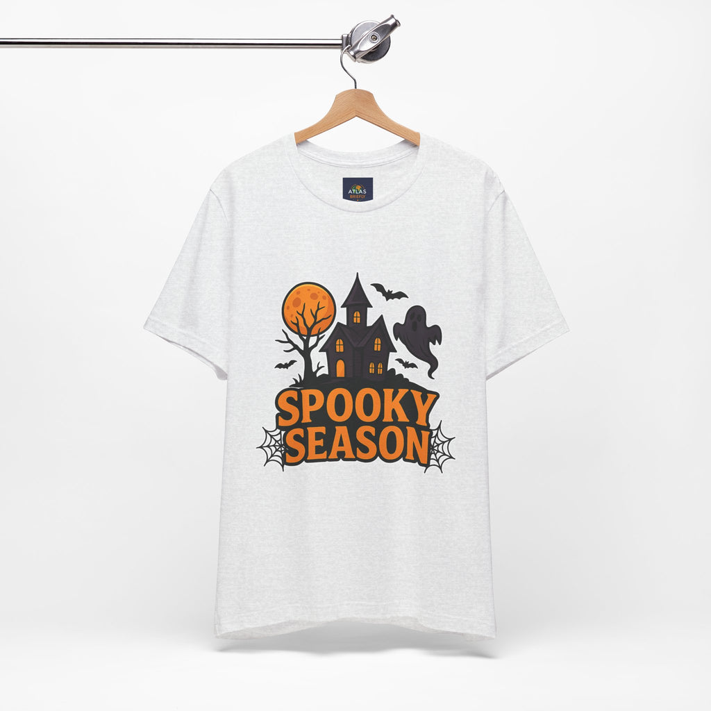 Spooky Season Halloween T-Shirt - Haunted House Ghost Bat Graphic Tee | Halloween Landscape Shirt - Atlas Briefly