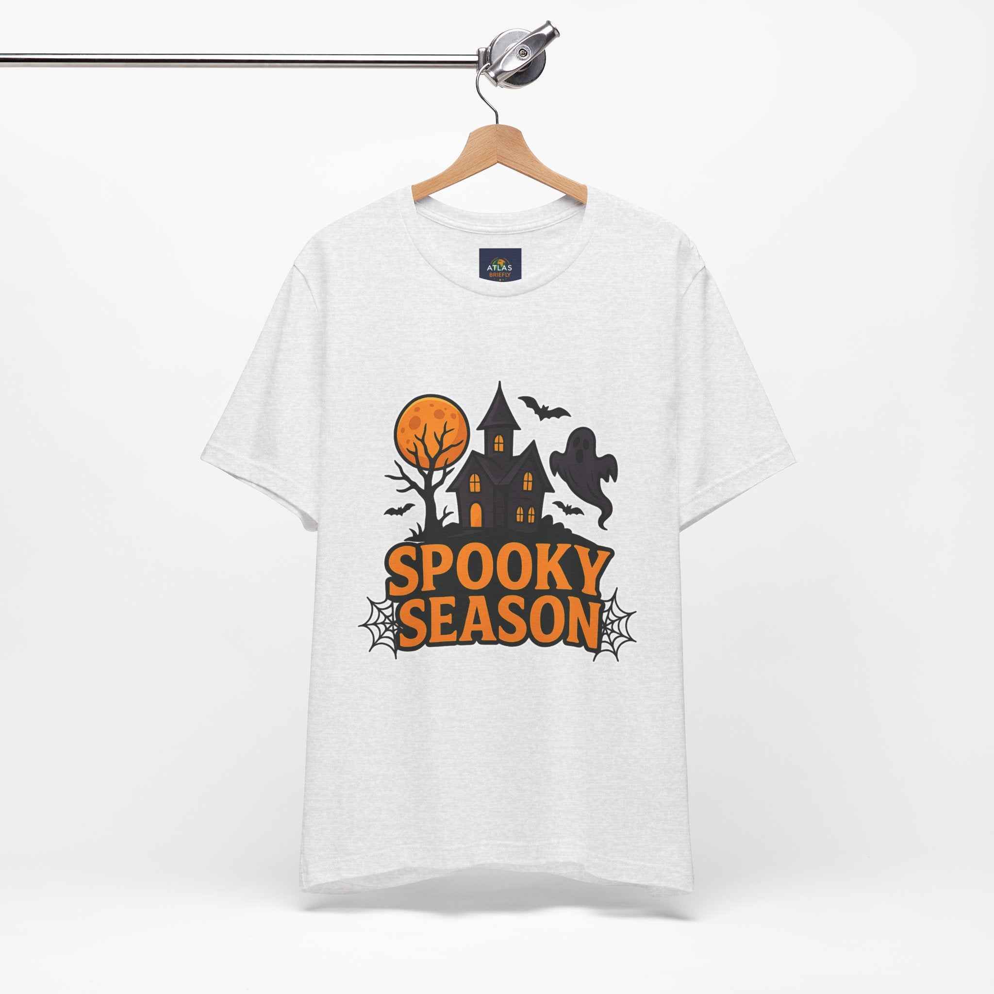 Spooky Season Halloween T-Shirt - Haunted House Ghost Bat Graphic Tee for Halloween Enthusiasts - Atlas Briefly