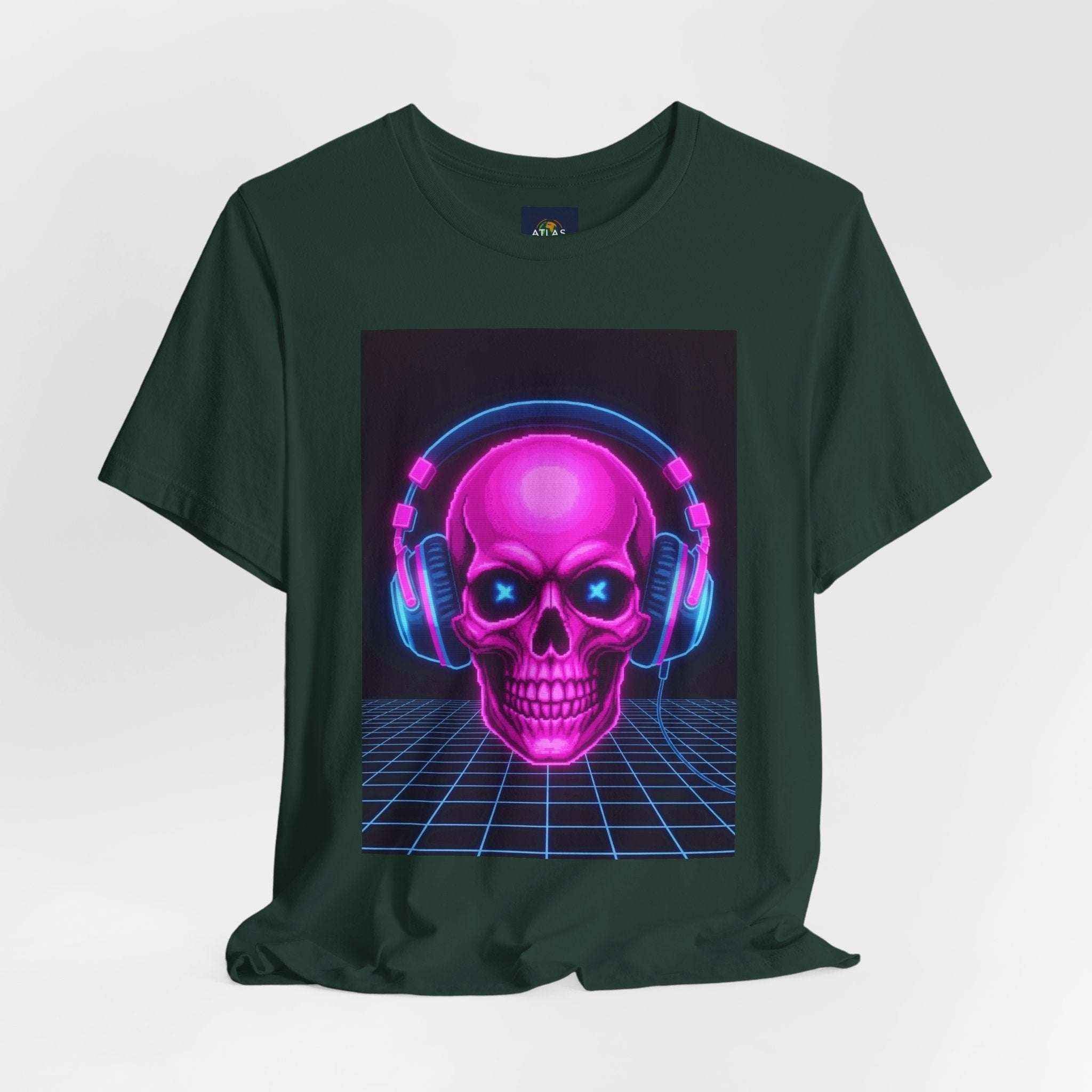 Neon Skull T-Shirt - Retro Gaming Synthwave Tee - Atlas Briefly