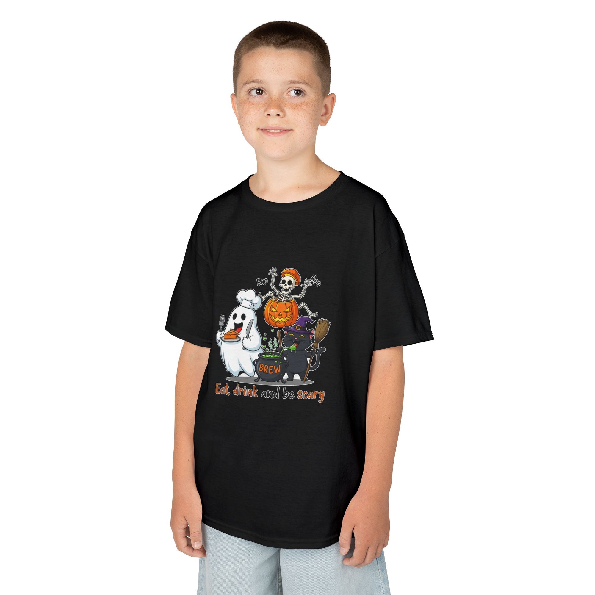 Eat Drink and Be Scary Kids Halloween T-Shirt | Cute Ghost Skeleton Pumpkin Cat Shirt for Boys Girls Trick or Treat Tee - Atlas Briefly