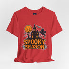 Spooky Season Halloween T-Shirt - Haunted House Ghost Bat Graphic Tee | Halloween Landscape Shirt - Atlas Briefly