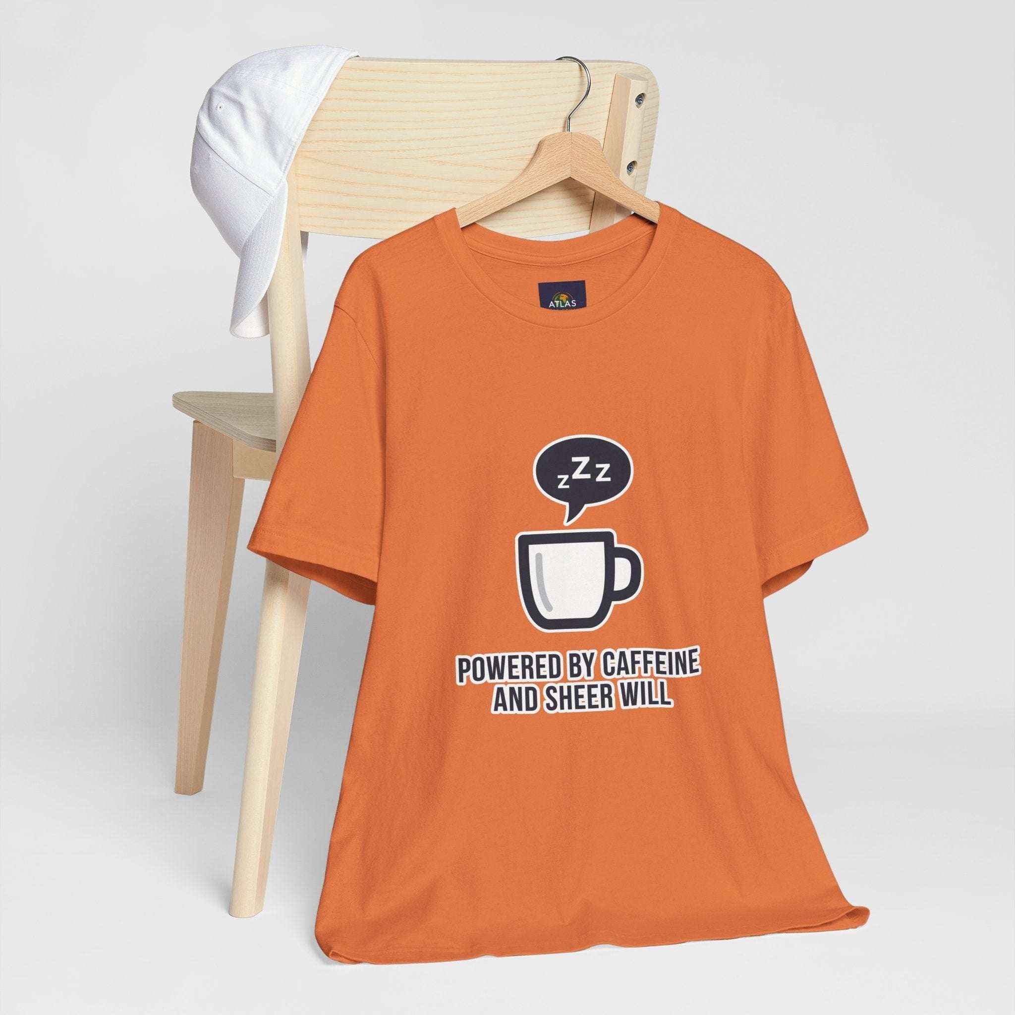 Powered by Caffeine T-Shirt - Funny Coffee Tee for Coffee Lovers - Atlas Briefly