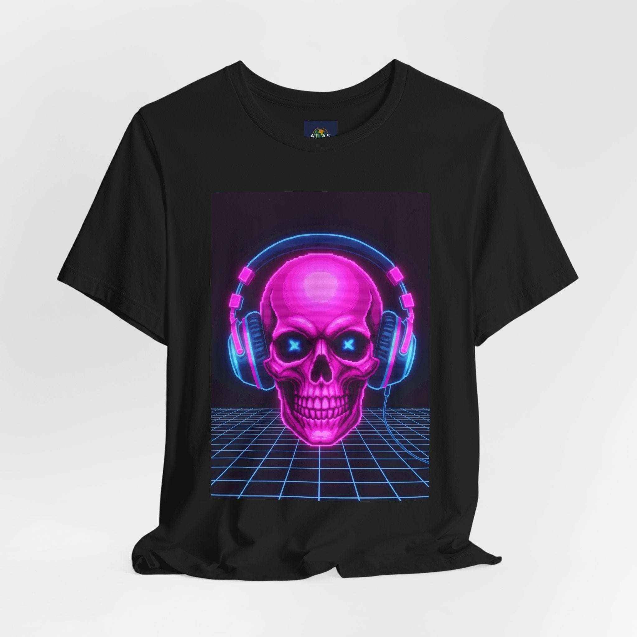 Neon Skull T-Shirt - Retro Gaming Synthwave Tee - Atlas Briefly
