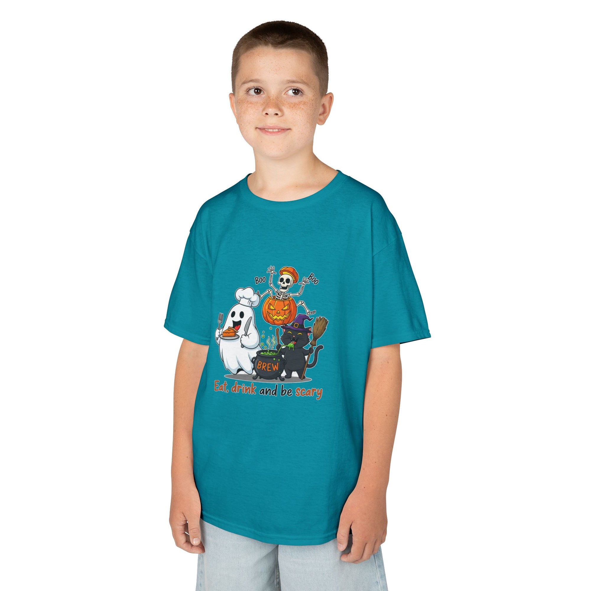 Eat Drink and Be Scary Kids Halloween T-Shirt | Cute Ghost Skeleton Pumpkin Cat Shirt for Boys Girls Trick or Treat Tee - Atlas Briefly