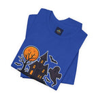Spooky Season Halloween T-Shirt - Haunted House Ghost Bat Graphic Tee | Halloween Landscape Shirt - Atlas Briefly