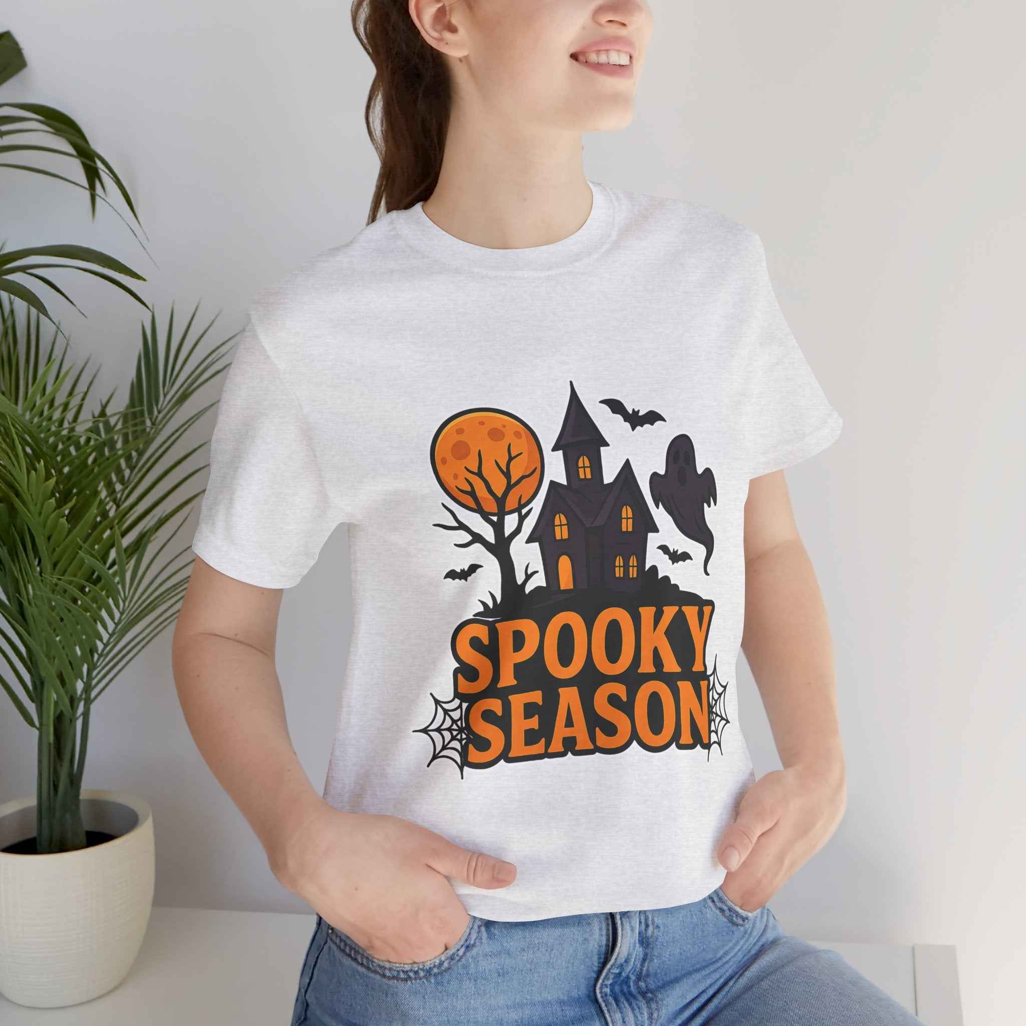 Spooky Season Halloween T-Shirt - Haunted House Ghost Bat Graphic Tee for Halloween Enthusiasts - Atlas Briefly