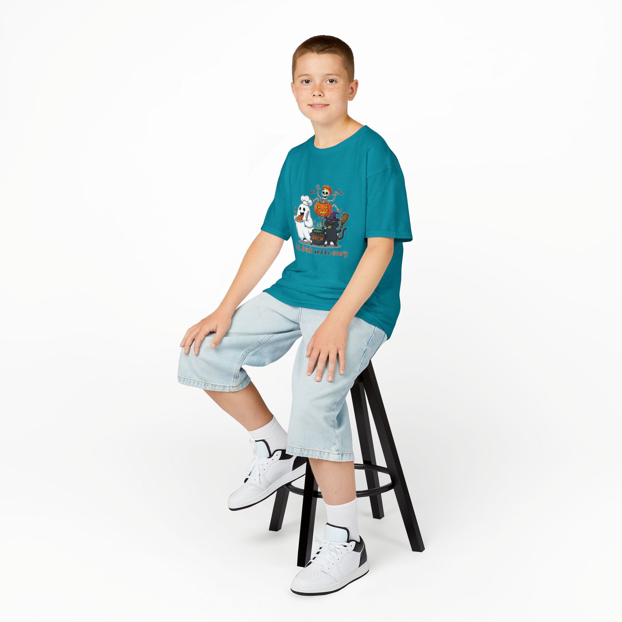 Eat Drink and Be Scary Kids Halloween T-Shirt | Cute Ghost Skeleton Pumpkin Cat Shirt for Boys Girls Trick or Treat Tee - Atlas Briefly