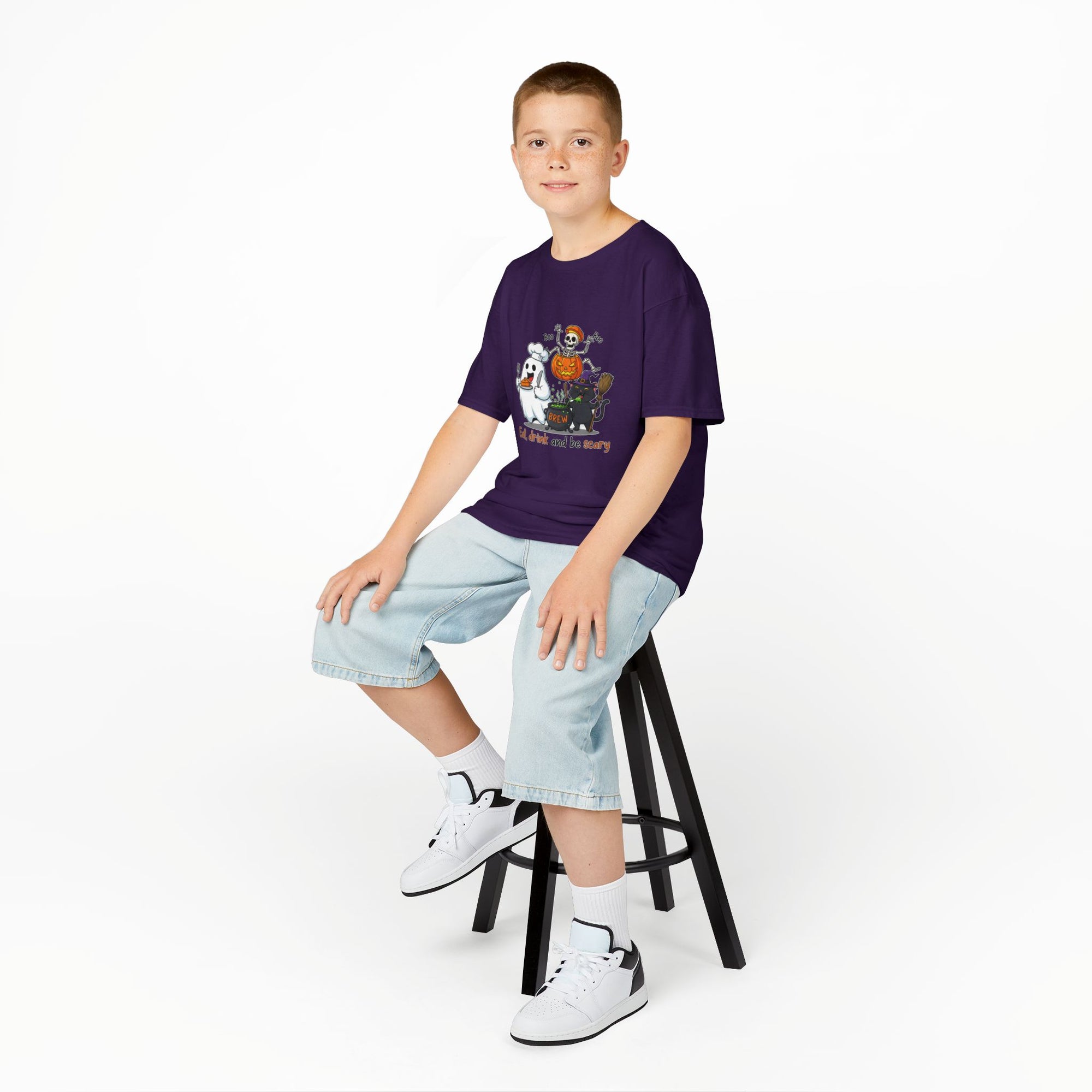 Eat Drink and Be Scary Kids Halloween T-Shirt | Cute Ghost Skeleton Pumpkin Cat Shirt for Boys Girls Trick or Treat Tee - Atlas Briefly