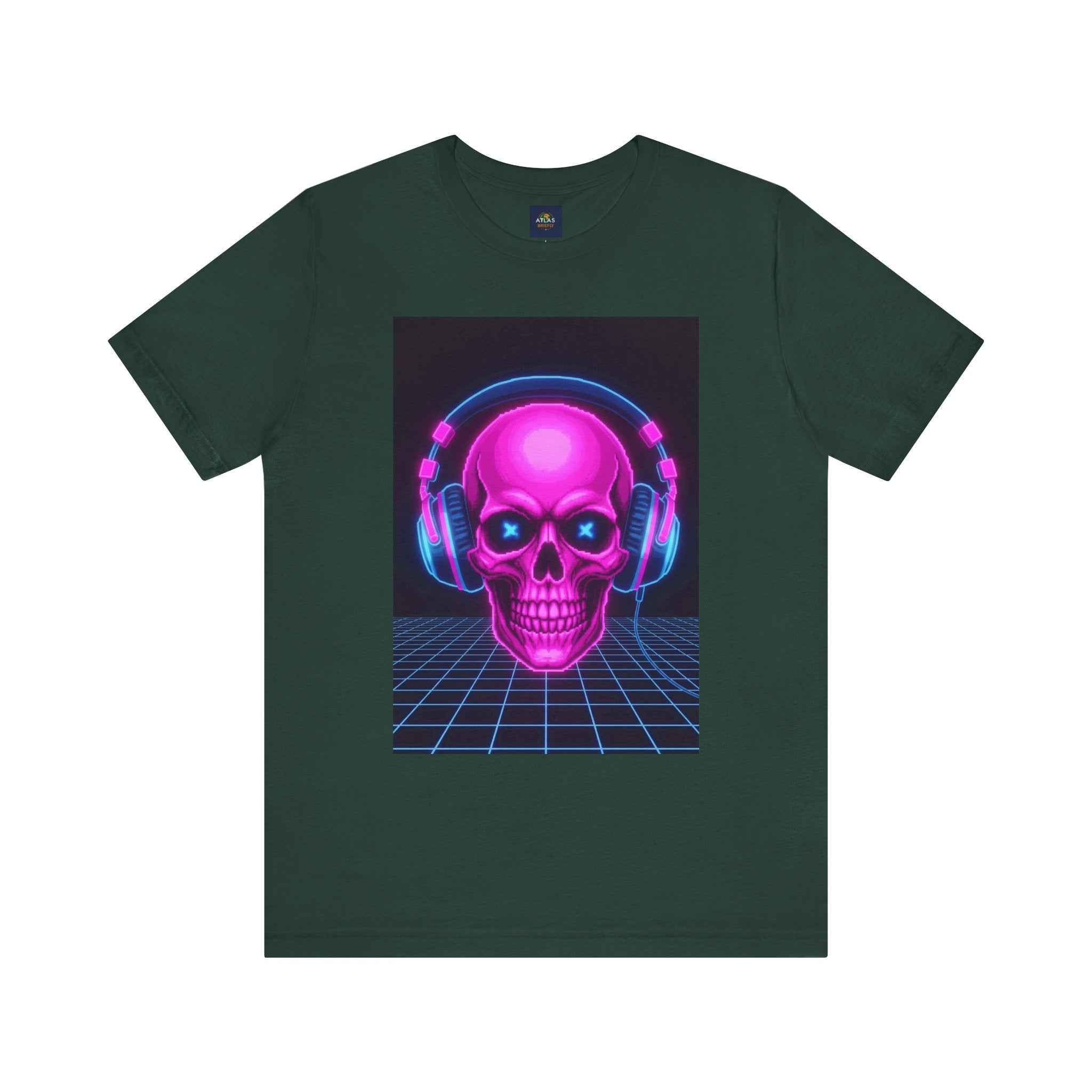 Neon Skull T-Shirt - Retro Gaming Synthwave Tee - Atlas Briefly