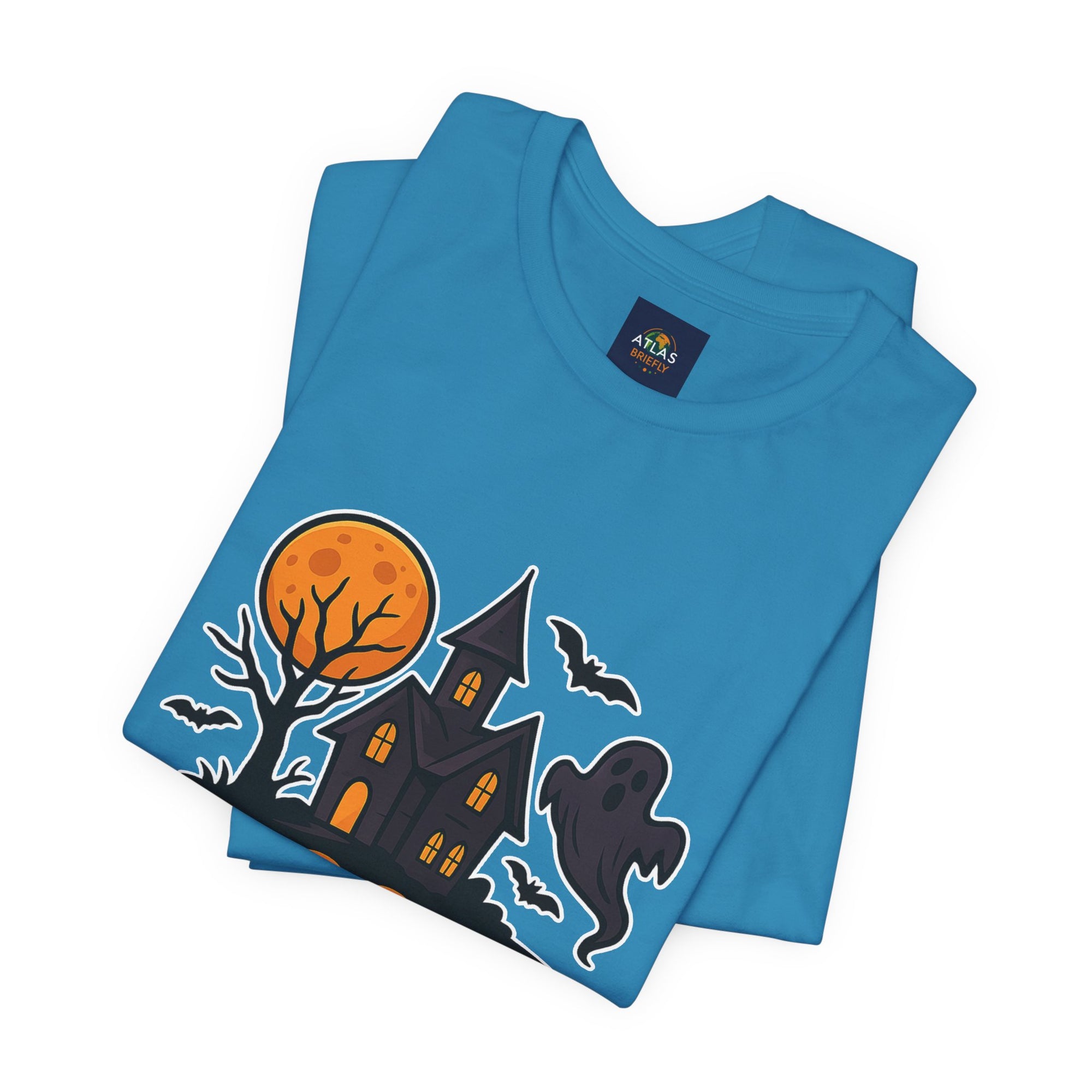 Spooky Season Halloween T-Shirt - Haunted House Ghost Bat Graphic Tee | Halloween Landscape Shirt - Atlas Briefly