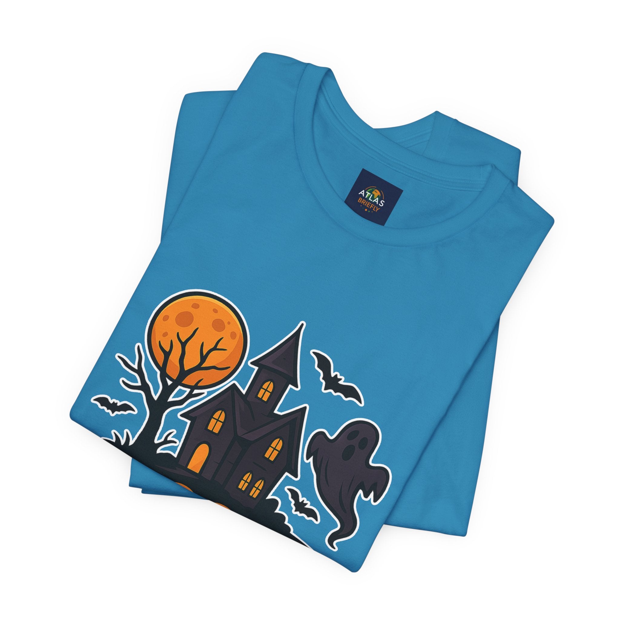 Spooky Season Halloween T-Shirt - Haunted House Ghost Bat Graphic Tee | Halloween Landscape Shirt - Atlas Briefly