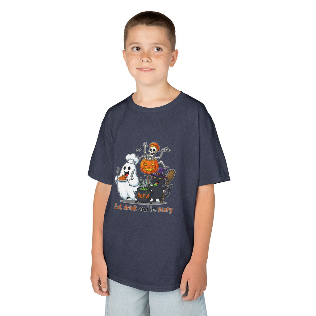 Eat Drink and Be Scary Kids Halloween T-Shirt | Cute Ghost Skeleton Pumpkin Cat Shirt for Boys Girls Trick or Treat Tee - Atlas Briefly