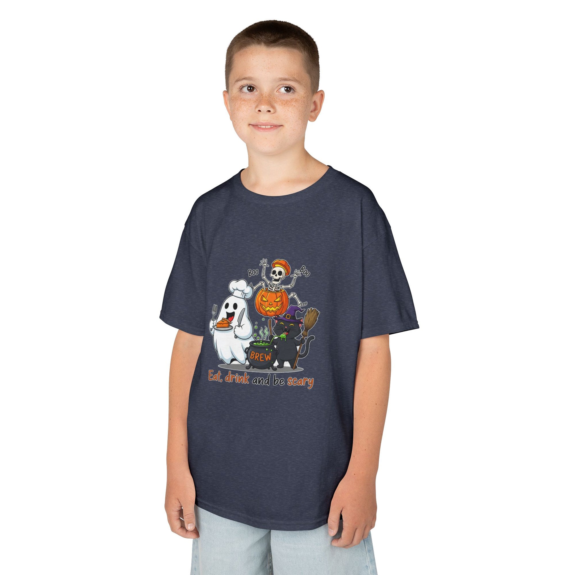 Eat Drink and Be Scary Kids Halloween T-Shirt | Cute Ghost Skeleton Pumpkin Cat Shirt for Boys Girls Trick or Treat Tee - Atlas Briefly