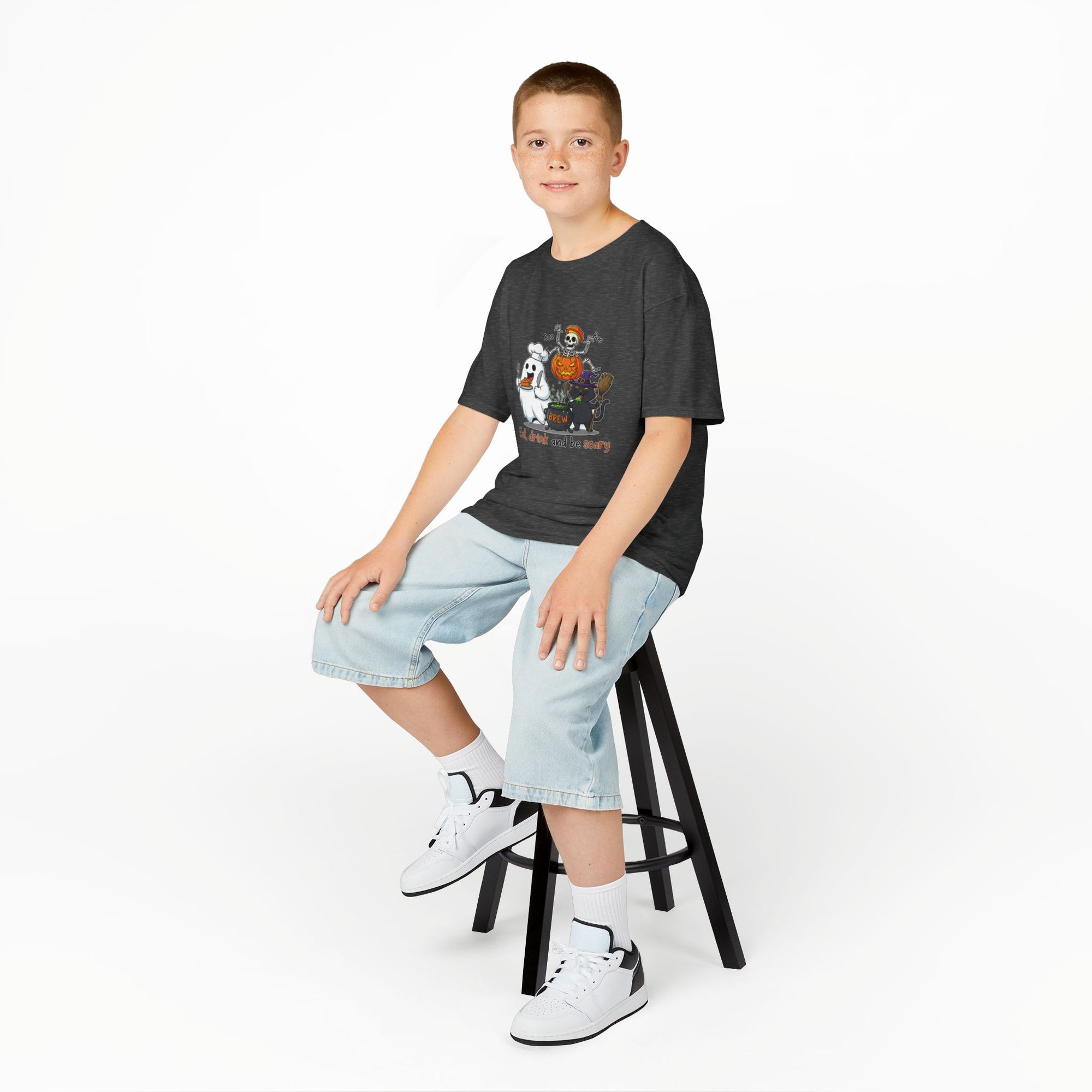 Eat Drink and Be Scary Kids Halloween T-Shirt | Cute Ghost Skeleton Pumpkin Cat Shirt for Boys Girls Trick or Treat Tee - Atlas Briefly