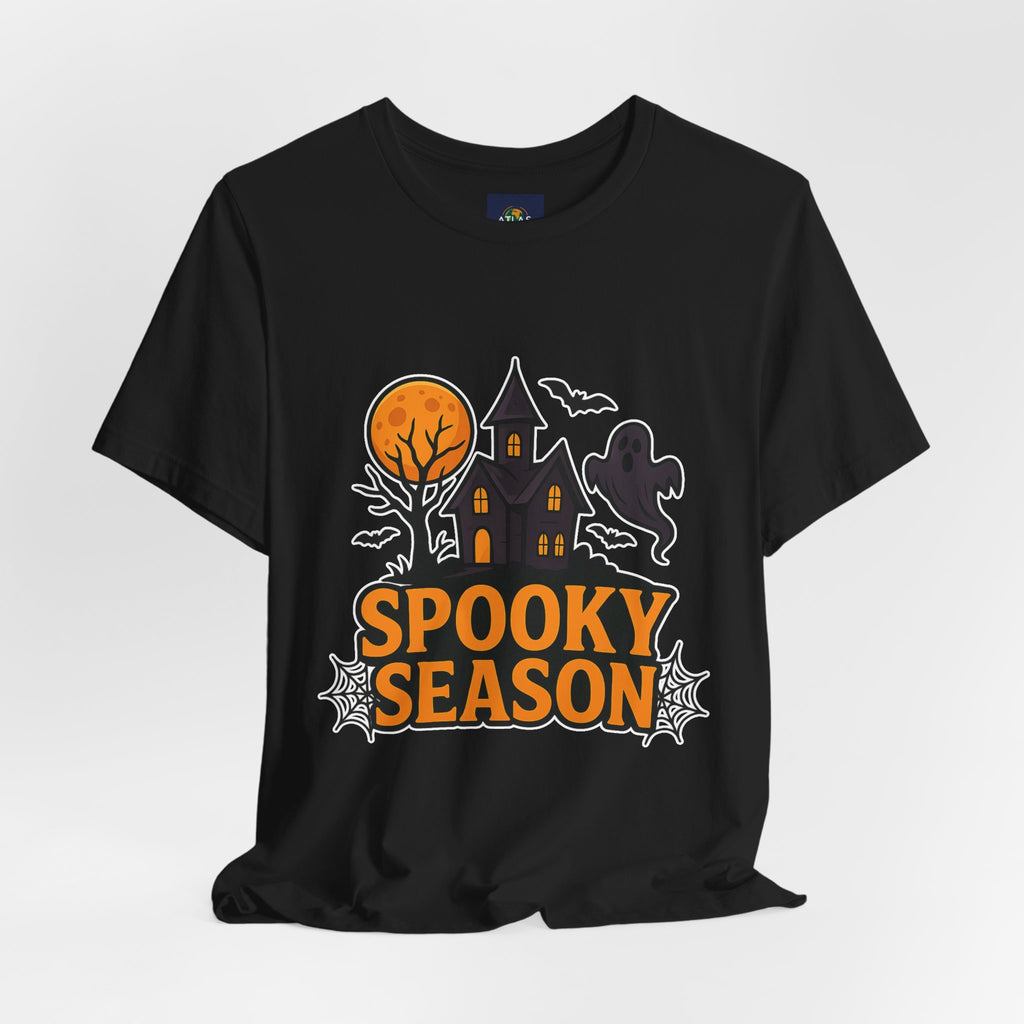 Spooky Season Halloween T-Shirt - Haunted House Ghost Bat Graphic Tee | Halloween Landscape Shirt - Atlas Briefly
