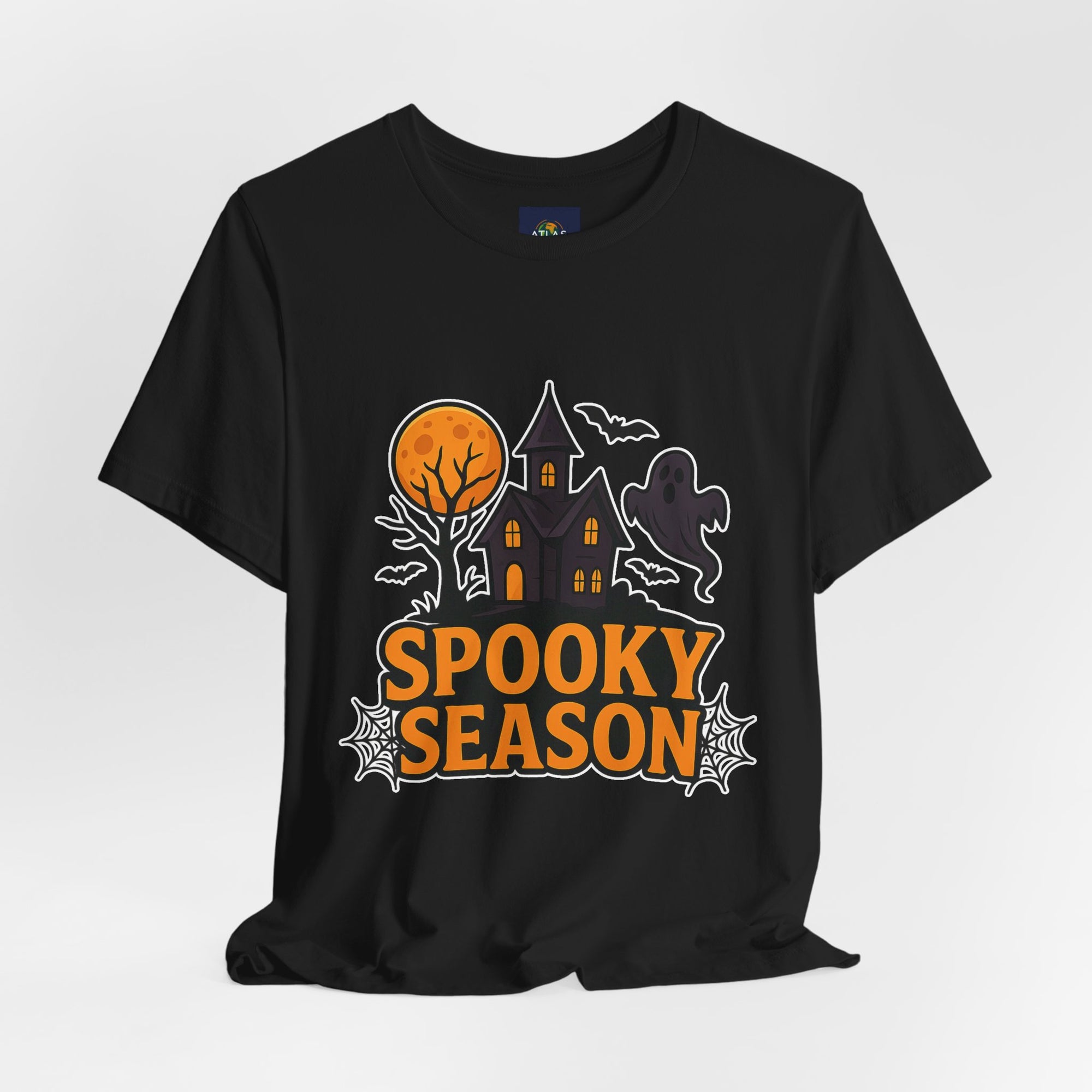 Spooky Season Halloween T-Shirt - Haunted House Ghost Bat Graphic Tee | Halloween Landscape Shirt - Atlas Briefly