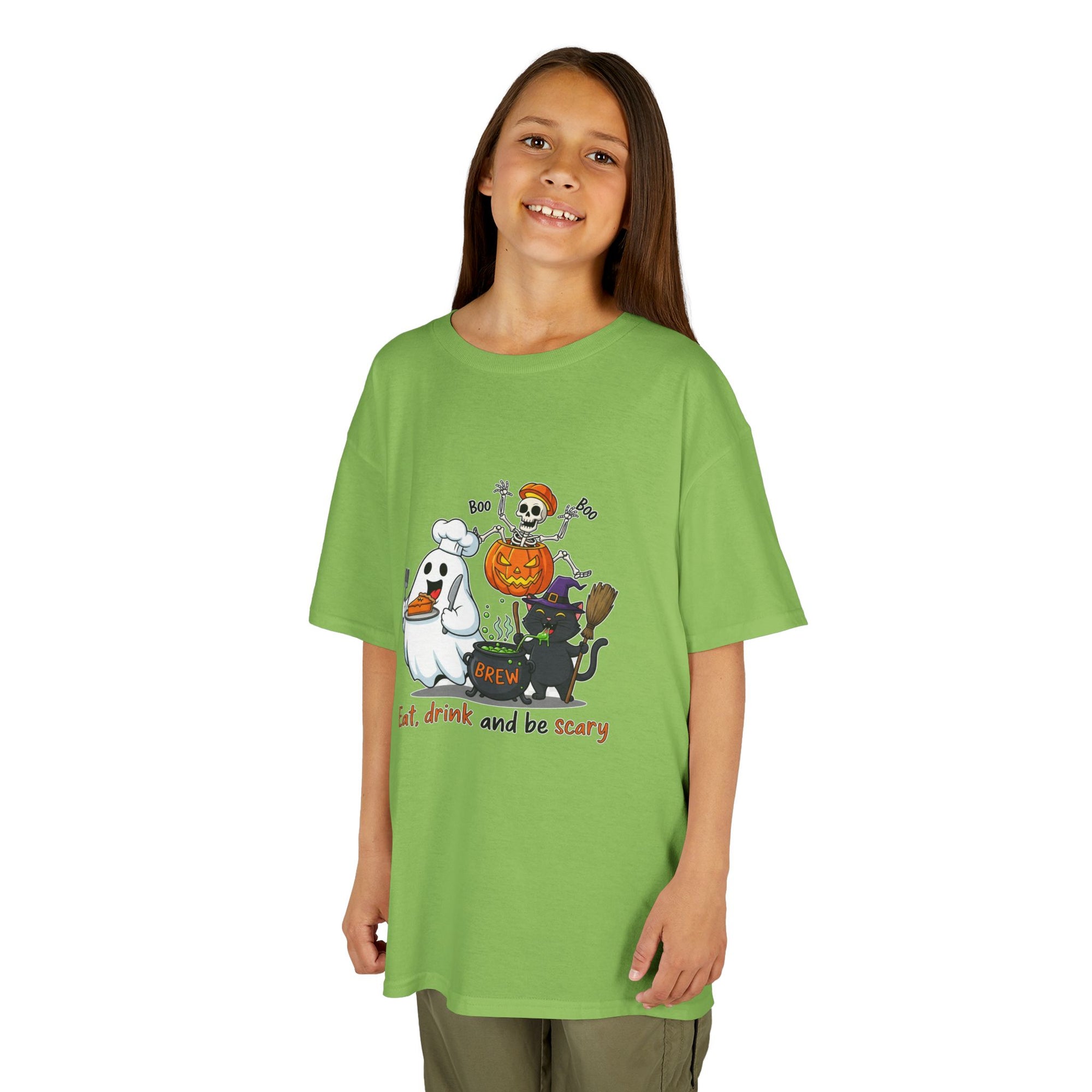 Eat Drink and Be Scary Kids Halloween T-Shirt | Cute Ghost Skeleton Pumpkin Cat Shirt for Boys Girls Trick or Treat Tee - Atlas Briefly