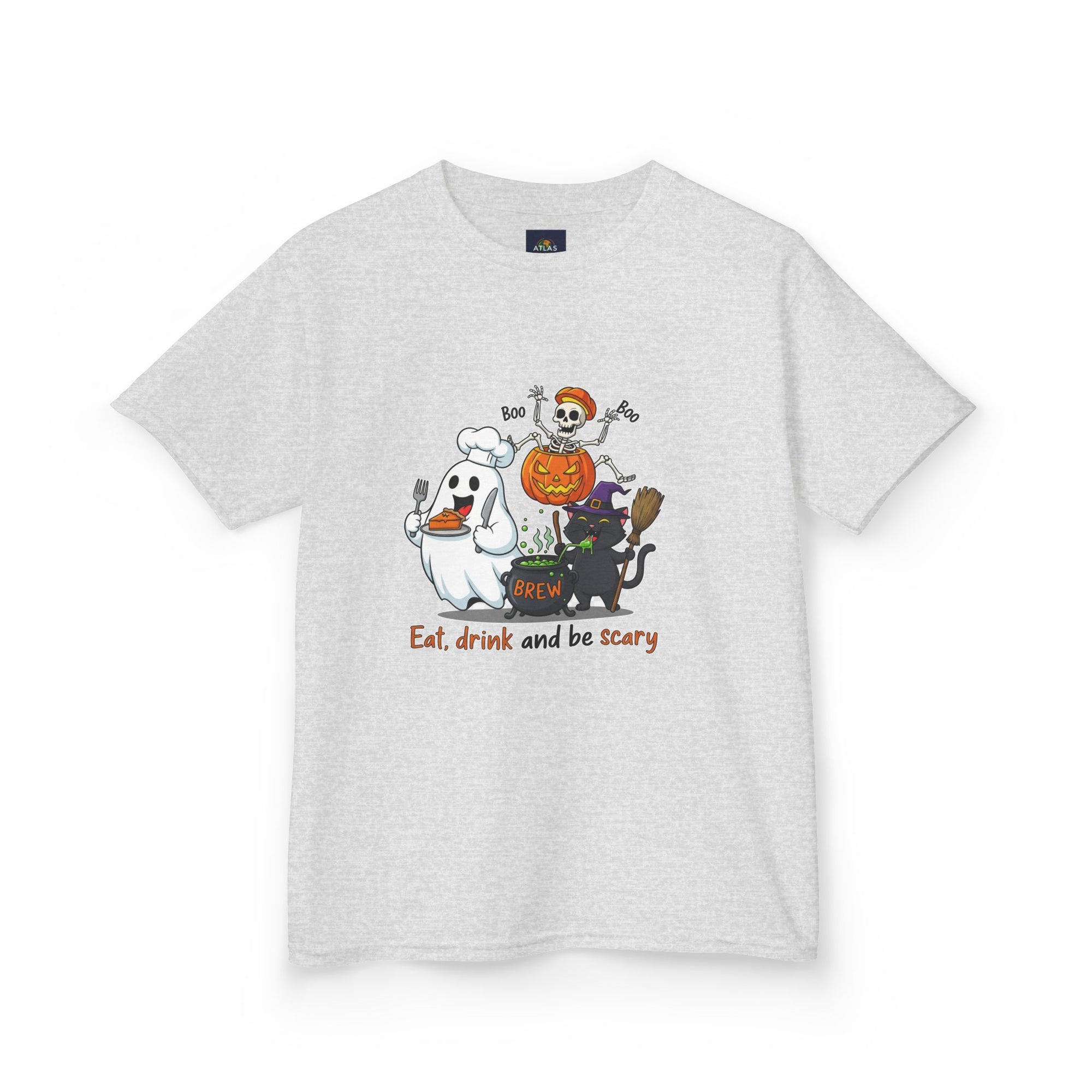 Eat Drink and Be Scary Kids Halloween T-Shirt | Cute Ghost Skeleton Pumpkin Cat Shirt for Boys Girls Trick or Treat Tee - Atlas Briefly
