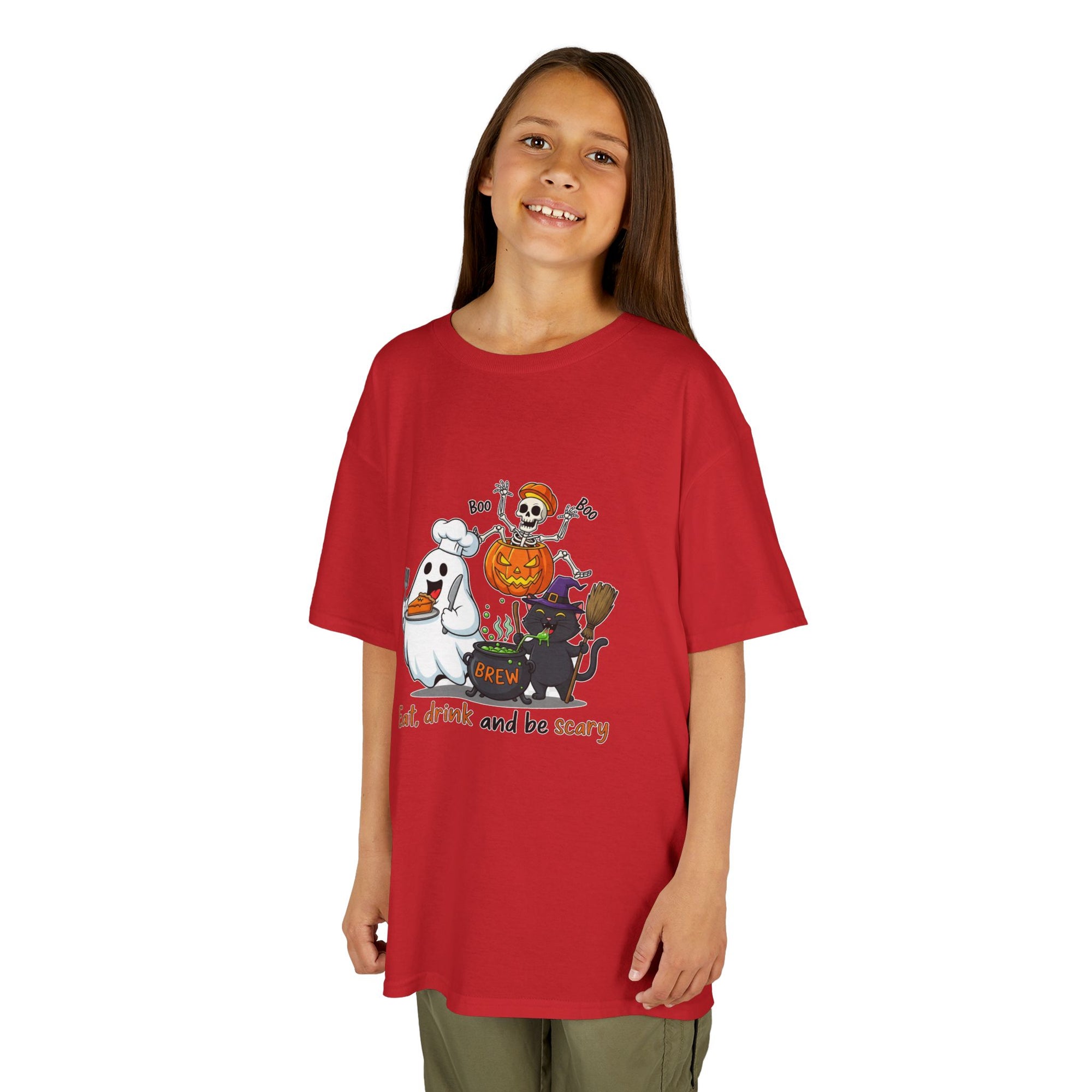 Eat Drink and Be Scary Kids Halloween T-Shirt | Cute Ghost Skeleton Pumpkin Cat Shirt for Boys Girls Trick or Treat Tee - Atlas Briefly