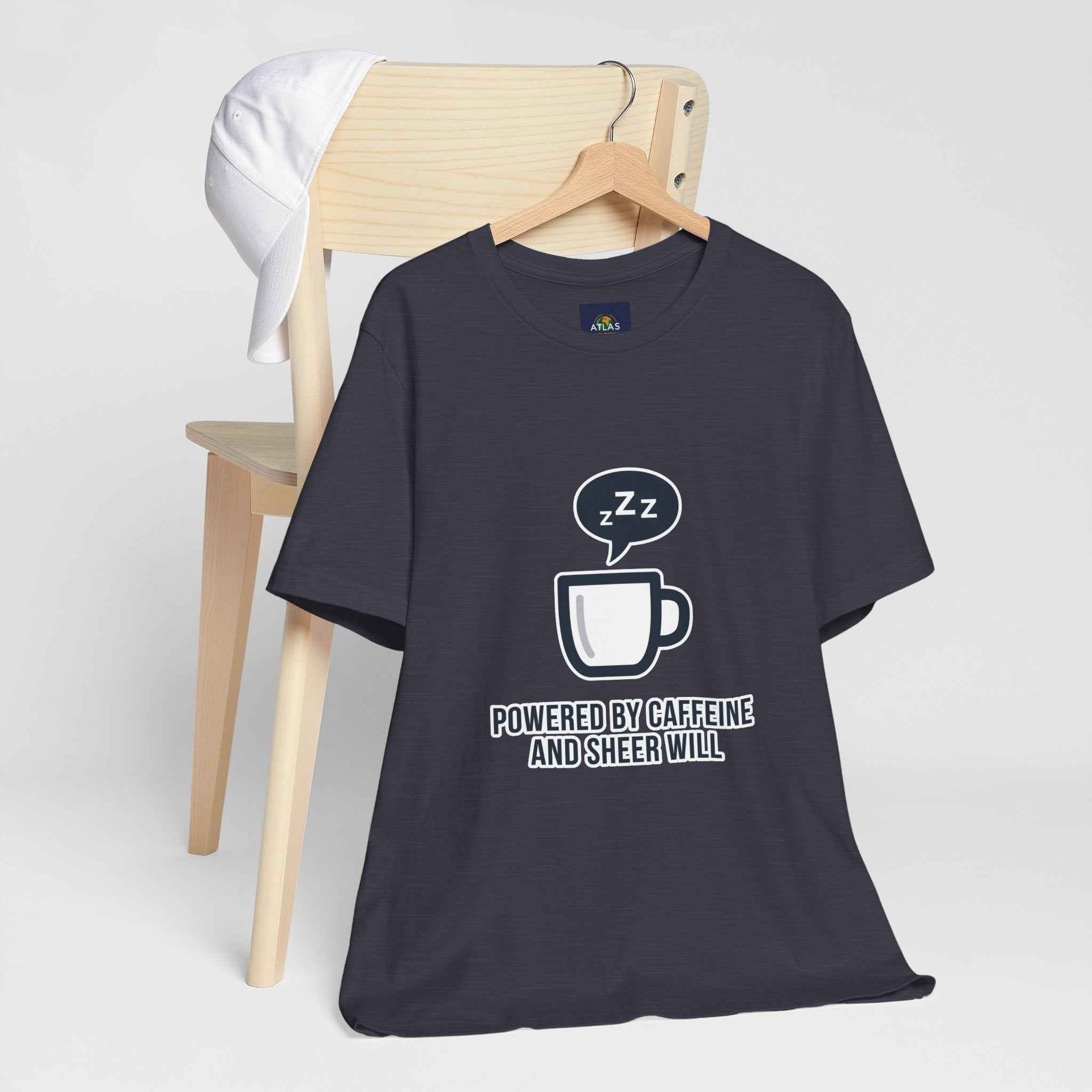 Powered by Caffeine T-Shirt - Funny Coffee Tee for Coffee Lovers - Atlas Briefly