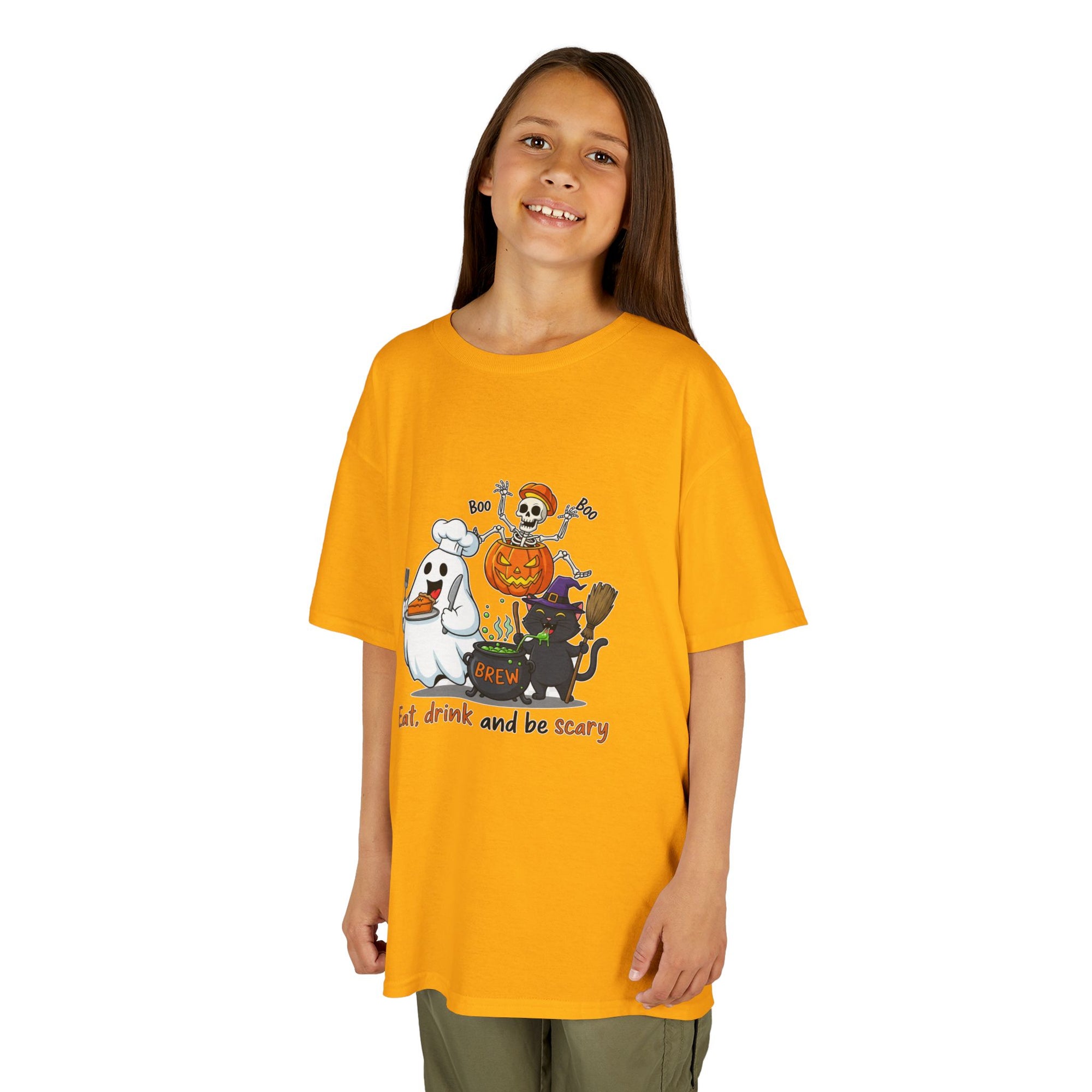 Eat Drink and Be Scary Kids Halloween T-Shirt | Cute Ghost Skeleton Pumpkin Cat Shirt for Boys Girls Trick or Treat Tee - Atlas Briefly