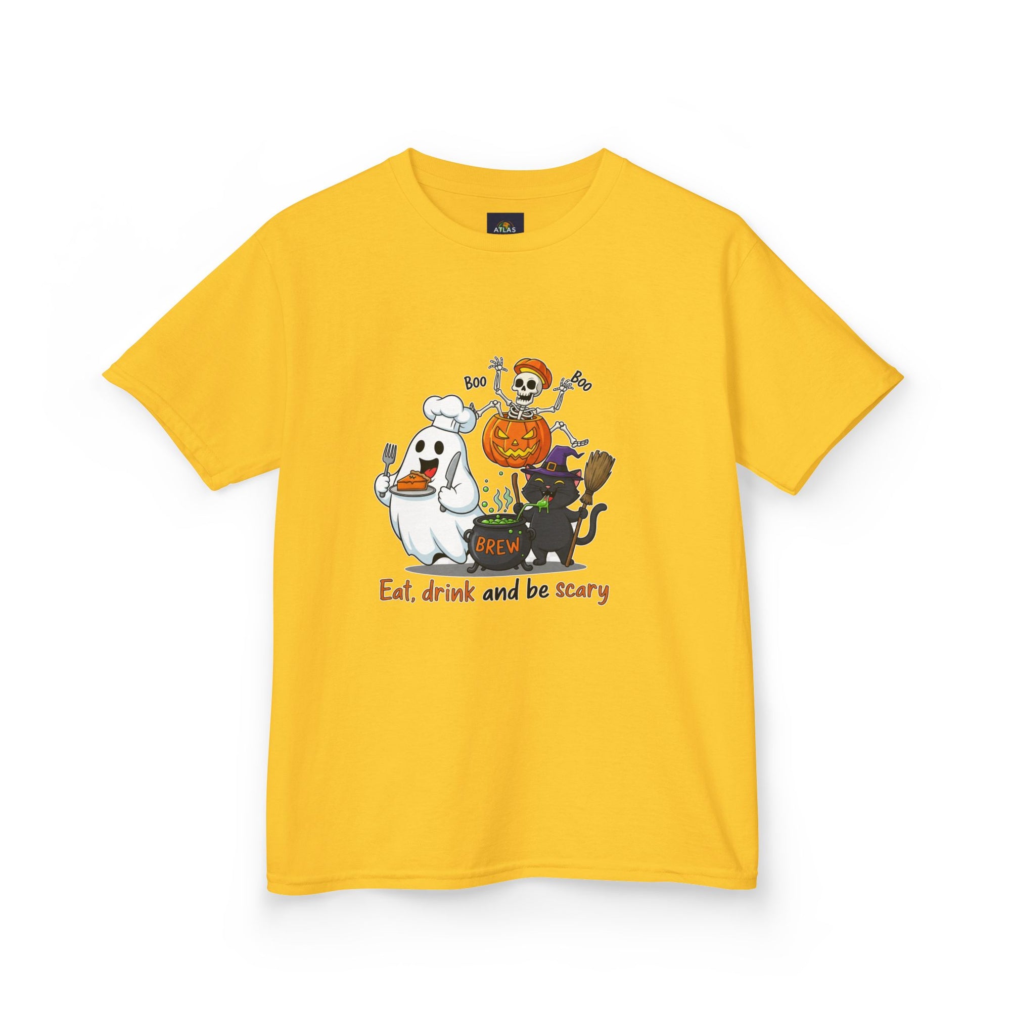 Eat Drink and Be Scary Kids Halloween T-Shirt | Cute Ghost Skeleton Pumpkin Cat Shirt for Boys Girls Trick or Treat Tee - Atlas Briefly