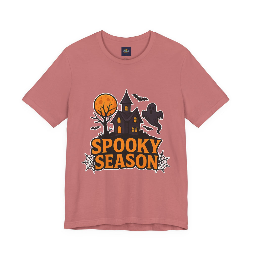 Spooky Season Halloween T-Shirt - Haunted House Ghost Bat Graphic Tee | Halloween Landscape Shirt - Atlas Briefly
