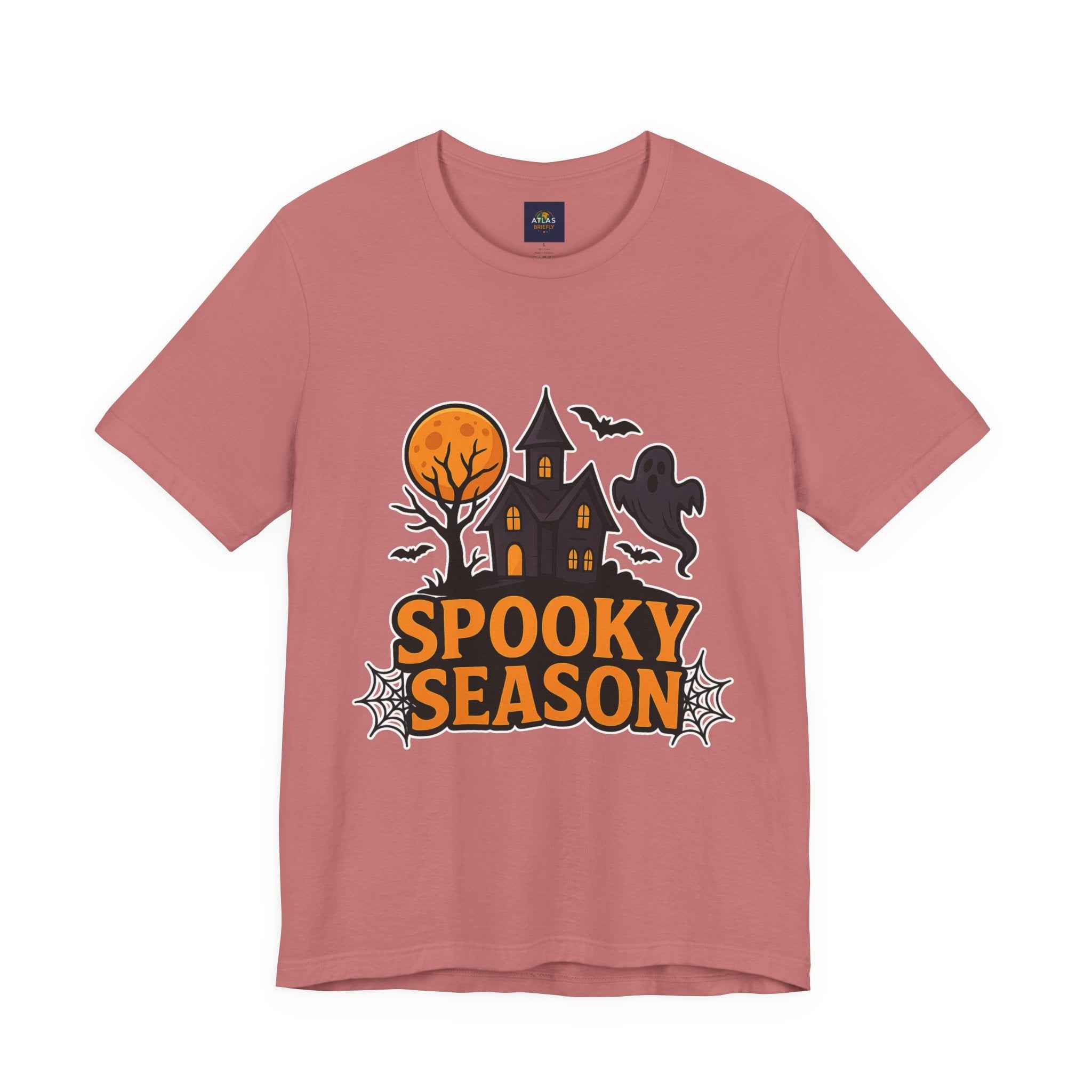 Spooky Season Halloween T-Shirt - Haunted House Ghost Bat Graphic Tee for Halloween Enthusiasts - Atlas Briefly