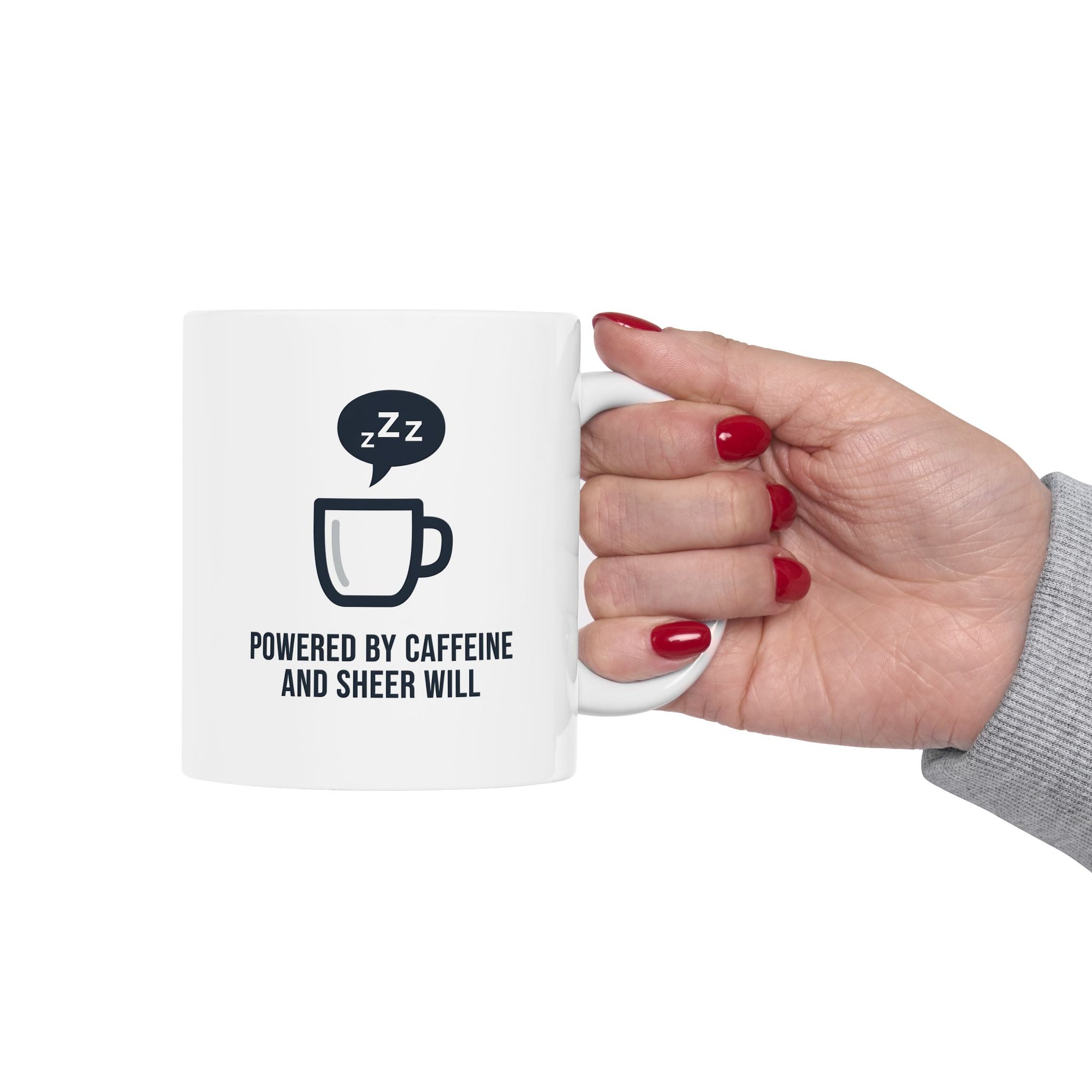 Powered by Caffeine and Sheer Will Mug - Funny Coffee Cup | Minimalist Humor Gift US Version - Atlas Briefly