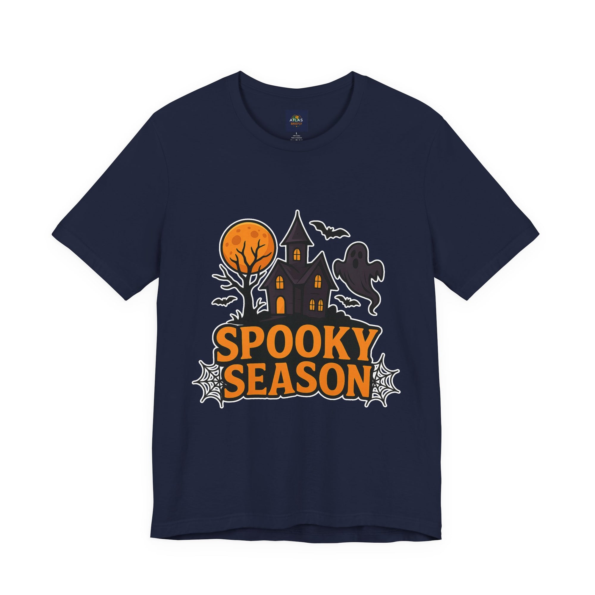 Spooky Season Halloween T-Shirt - Haunted House Ghost Bat Graphic Tee | Halloween Landscape Shirt - Atlas Briefly