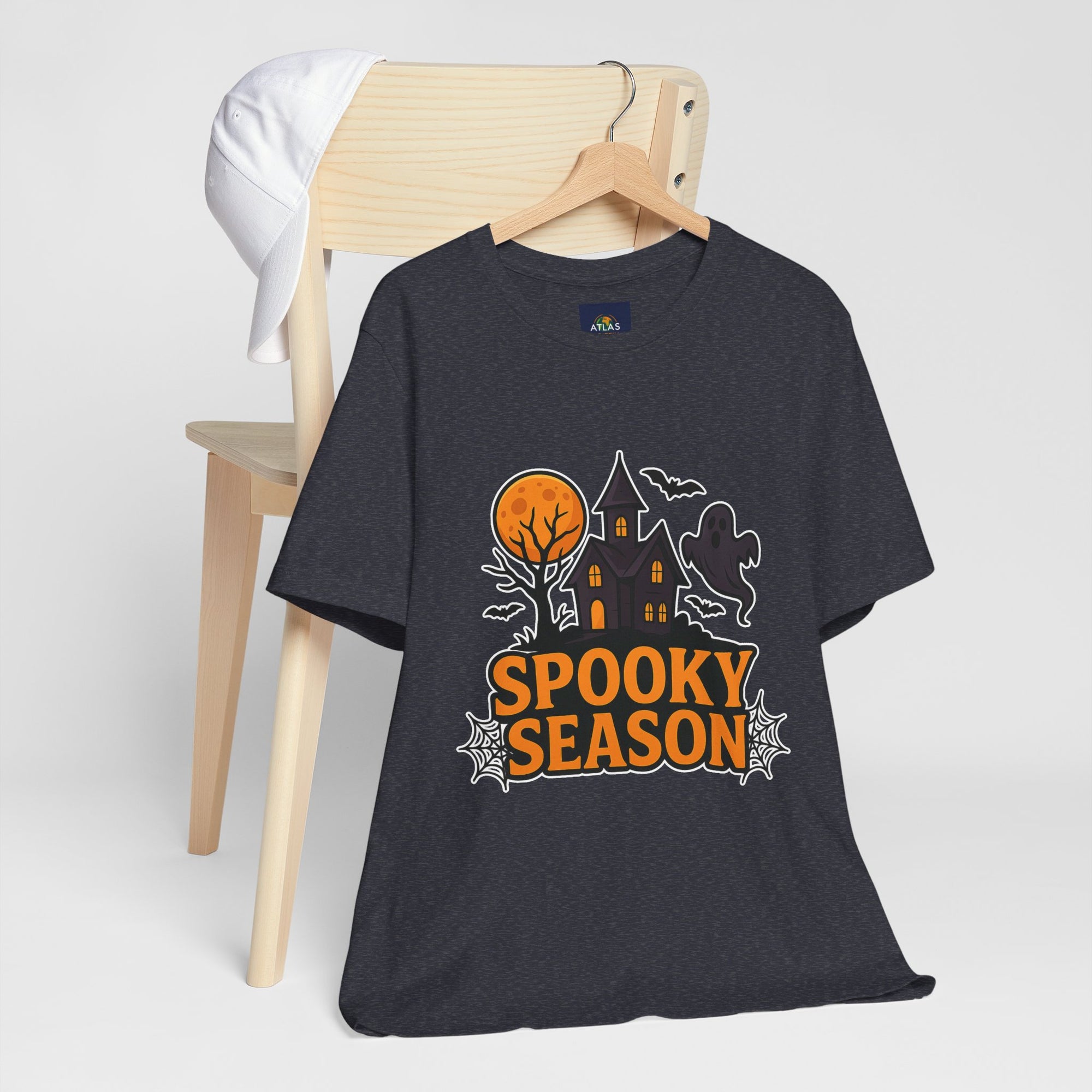 Spooky Season Halloween T-Shirt - Haunted House Ghost Bat Graphic Tee | Halloween Landscape Shirt - Atlas Briefly