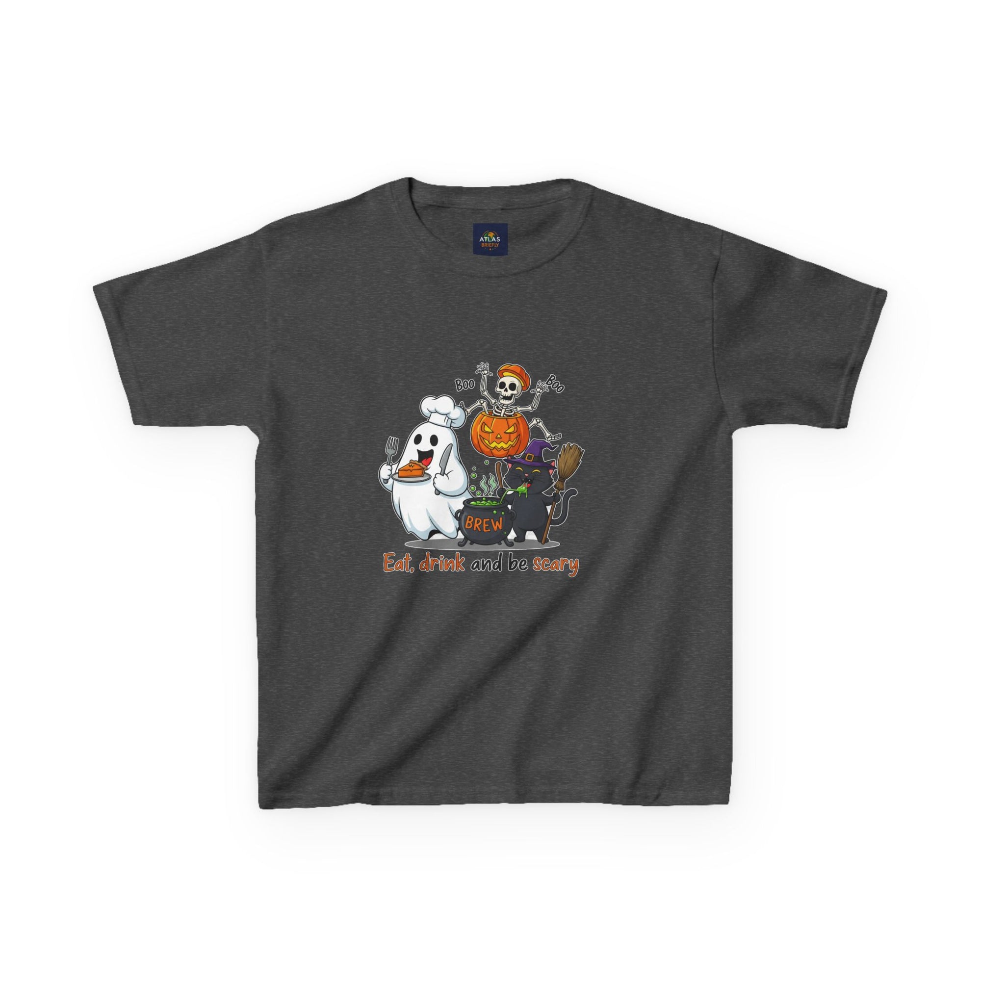 Eat Drink and Be Scary Kids Halloween T-Shirt | Cute Ghost Skeleton Pumpkin Cat Shirt for Boys Girls Trick or Treat Tee - Atlas Briefly