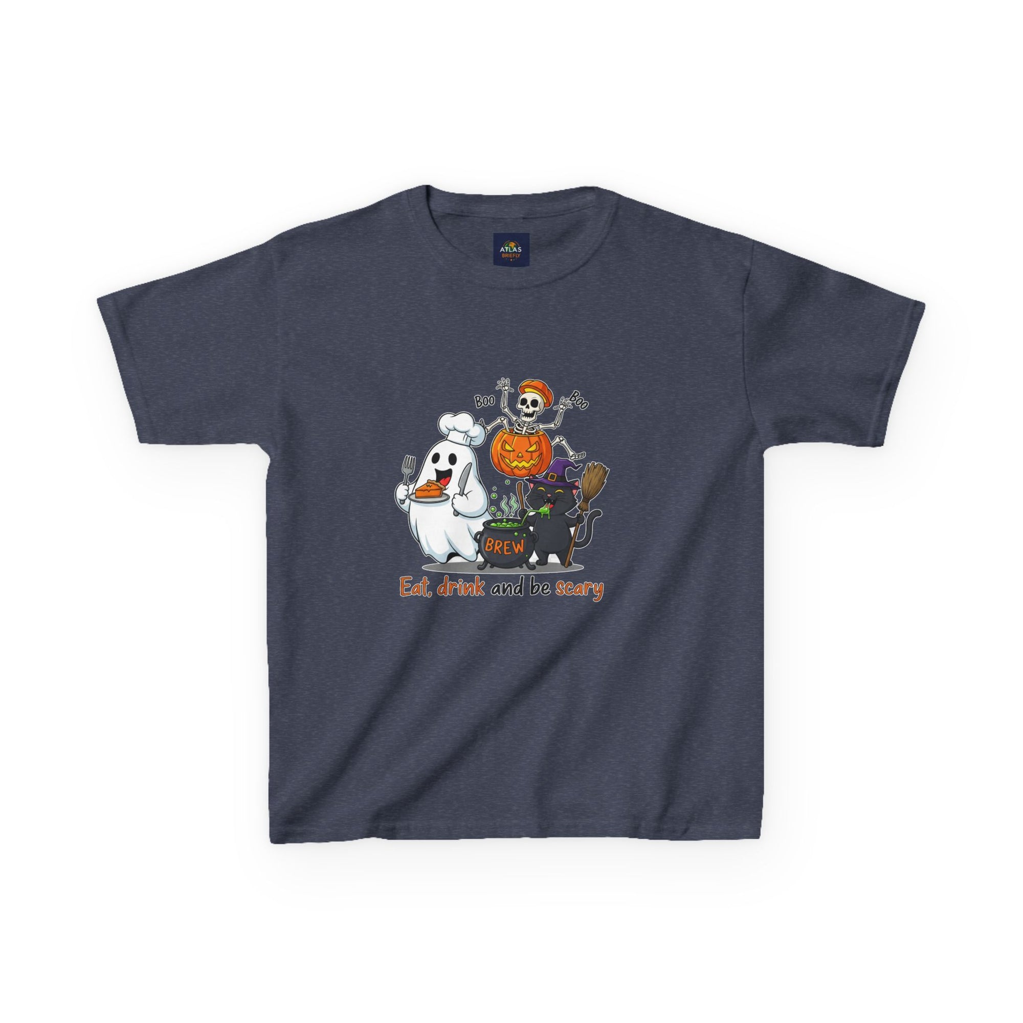 Eat Drink and Be Scary Kids Halloween T-Shirt | Cute Ghost Skeleton Pumpkin Cat Shirt for Boys Girls Trick or Treat Tee - Atlas Briefly