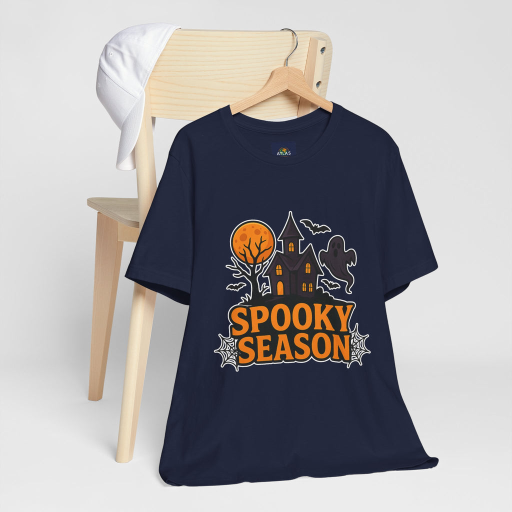Spooky Season Halloween T-Shirt - Haunted House Ghost Bat Graphic Tee | Halloween Landscape Shirt - Atlas Briefly