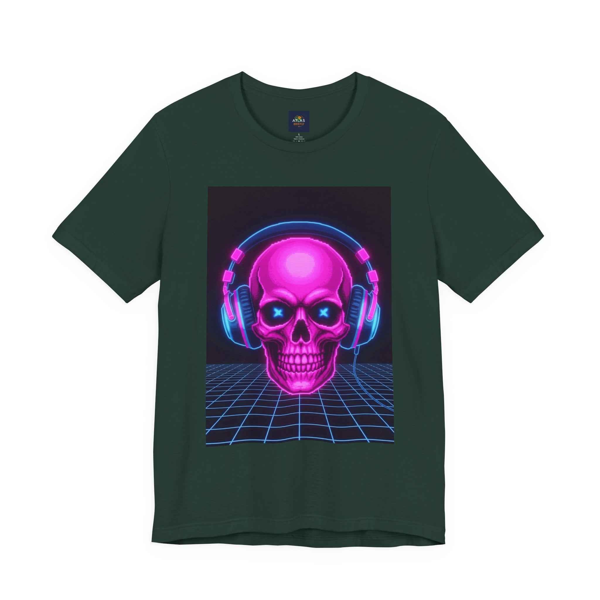 Neon Skull T-Shirt - Retro Gaming Synthwave Tee - Atlas Briefly