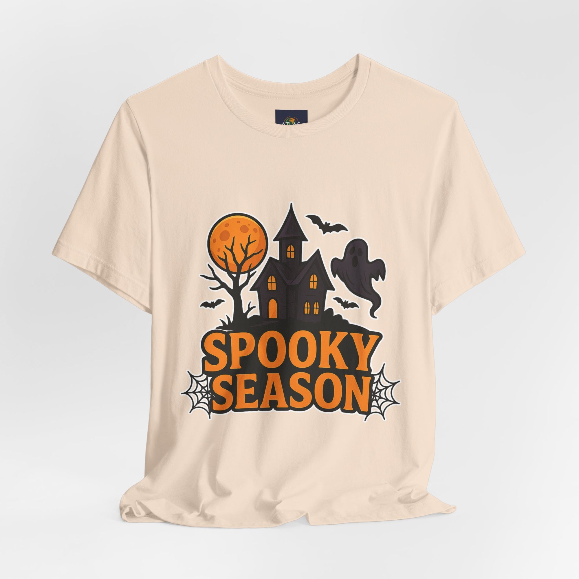 Spooky Season Halloween T-Shirt - Haunted House Ghost Bat Graphic Tee | Halloween Landscape Shirt - Atlas Briefly