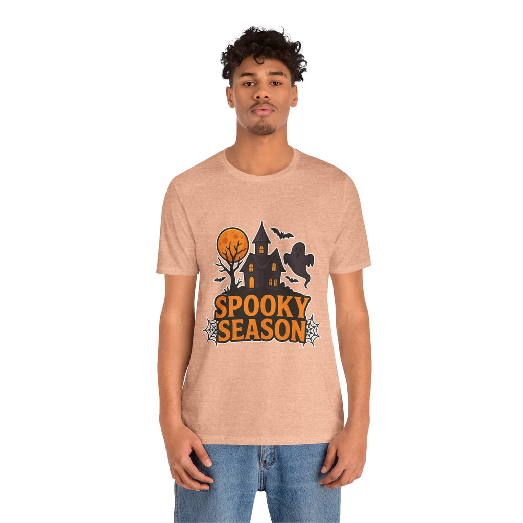 Spooky Season Halloween T-Shirt - Haunted House Ghost Bat Graphic Tee | Halloween Landscape Shirt - Atlas Briefly