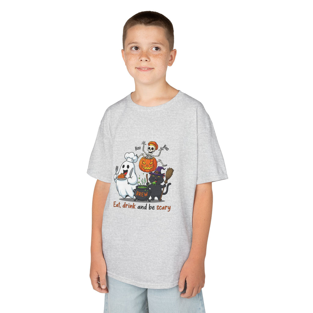 Eat Drink and Be Scary Kids Halloween T-Shirt | Cute Ghost Skeleton Pumpkin Cat Shirt for Boys Girls Trick or Treat Tee - Atlas Briefly