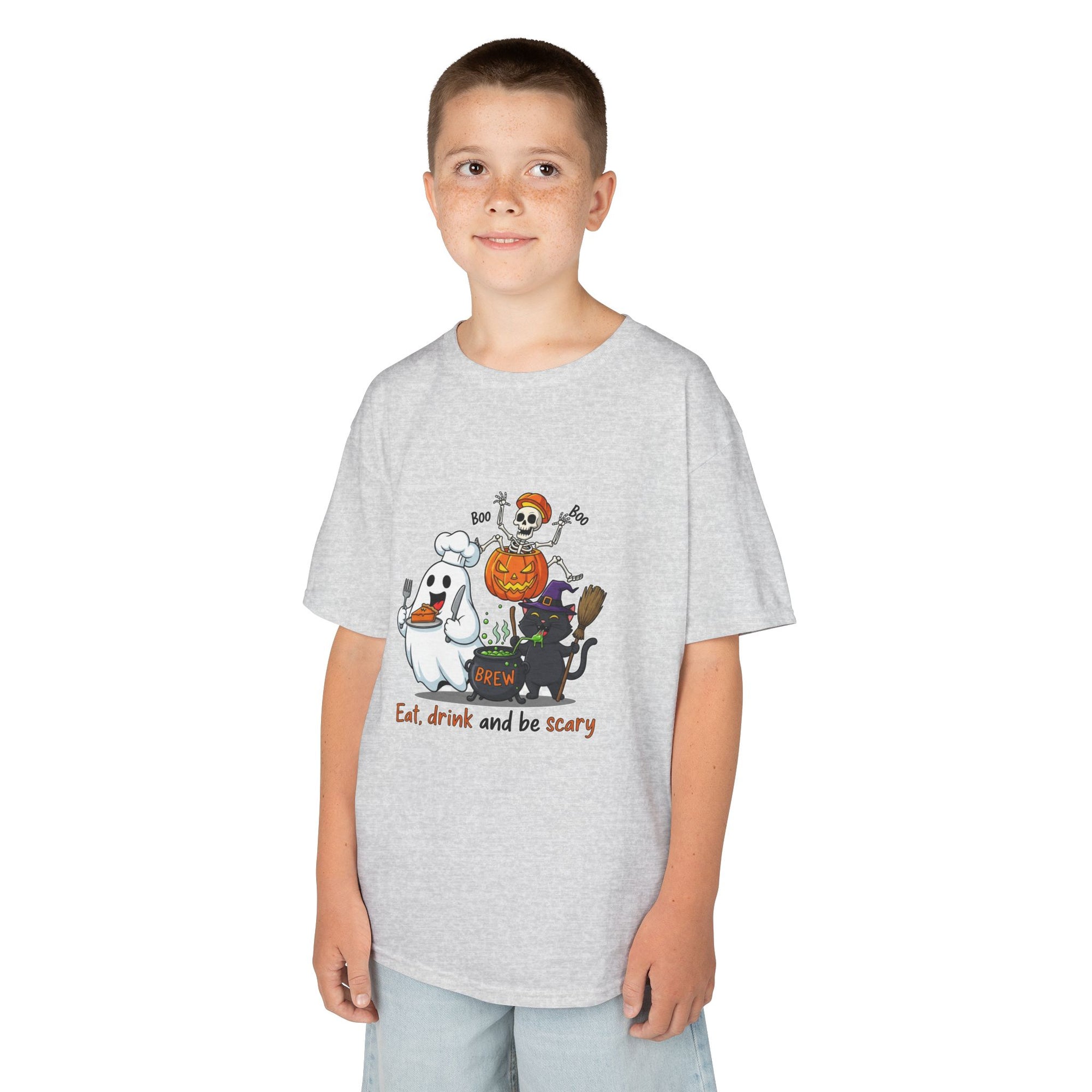 Eat Drink and Be Scary Kids Halloween T-Shirt | Cute Ghost Skeleton Pumpkin Cat Shirt for Boys Girls Trick or Treat Tee - Atlas Briefly