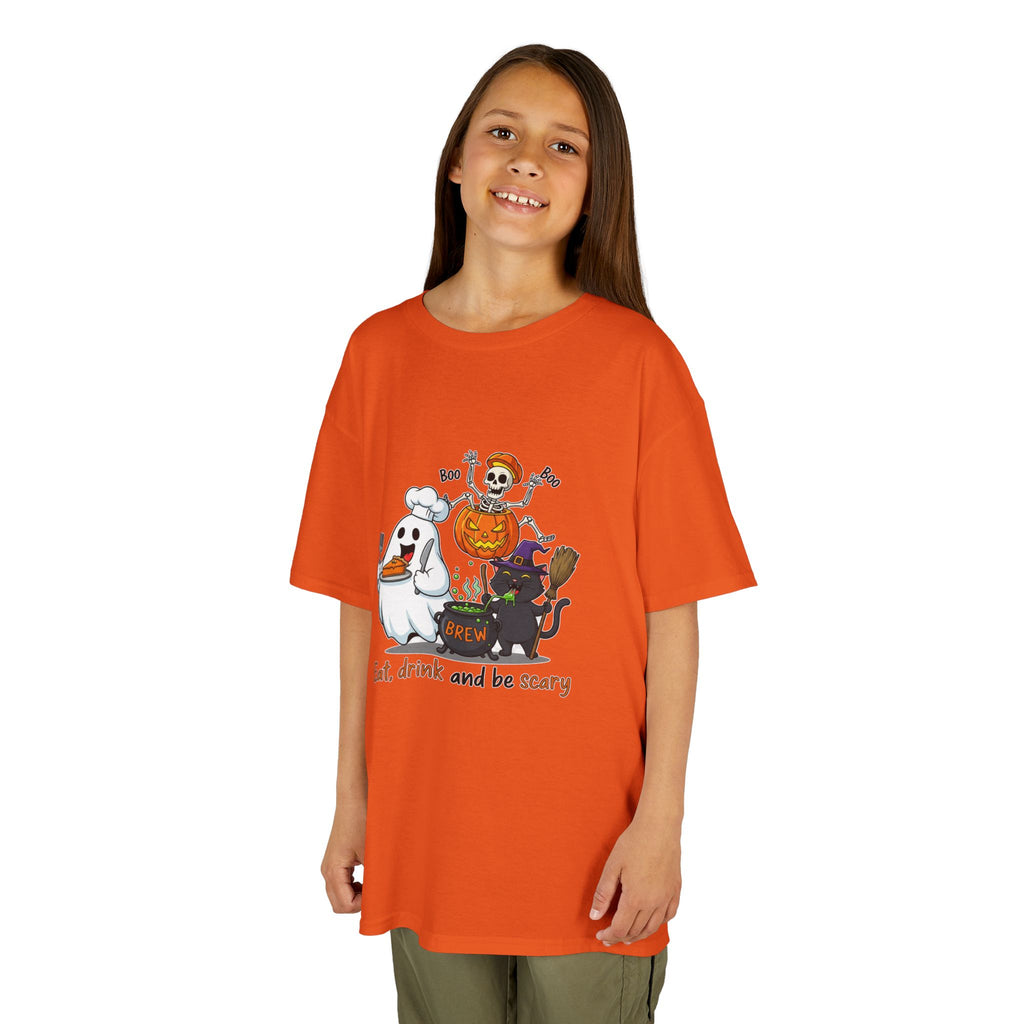 Eat Drink and Be Scary Kids Halloween T-Shirt | Cute Ghost Skeleton Pumpkin Cat Shirt for Boys Girls Trick or Treat Tee - Atlas Briefly
