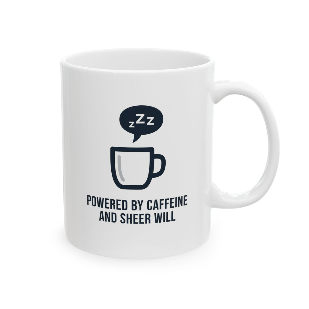Powered by Caffeine and Sheer Will Mug - Funny Coffee Cup | Minimalist Humor Gift US Version - Atlas Briefly
