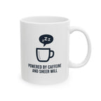 Powered by Caffeine and Sheer Will Mug - Funny Coffee Cup | Minimalist Humor Gift US Version - Atlas Briefly