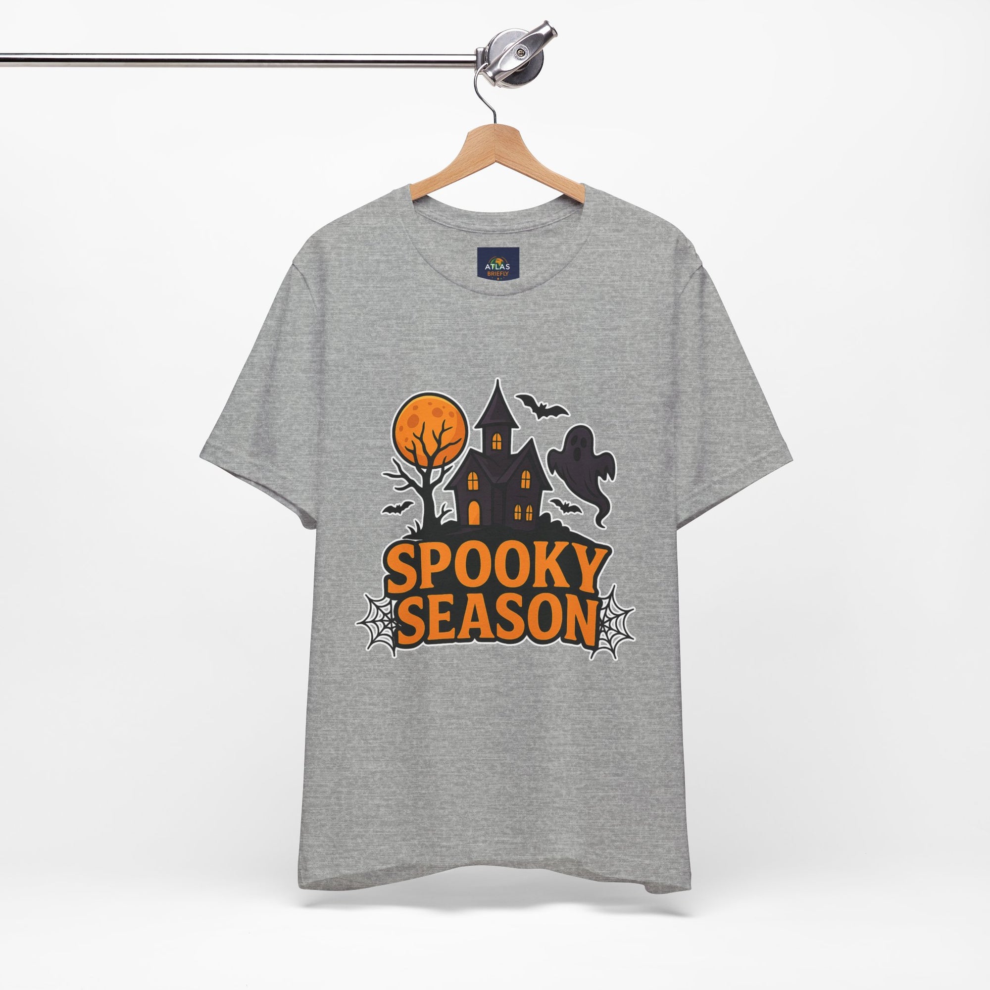Spooky Season Halloween T-Shirt - Haunted House Ghost Bat Graphic Tee | Halloween Landscape Shirt - Atlas Briefly