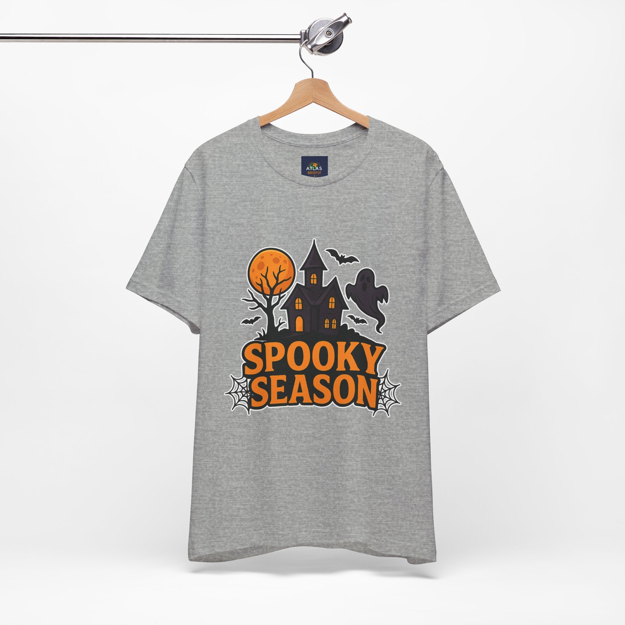 Spooky Season Halloween T-Shirt - Haunted House Ghost Bat Graphic Tee | Halloween Landscape Shirt - Atlas Briefly