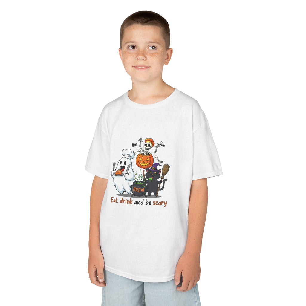 Eat Drink and Be Scary Kids Halloween T-Shirt | Cute Ghost Skeleton Pumpkin Cat Shirt for Boys Girls Trick or Treat Tee - Atlas Briefly
