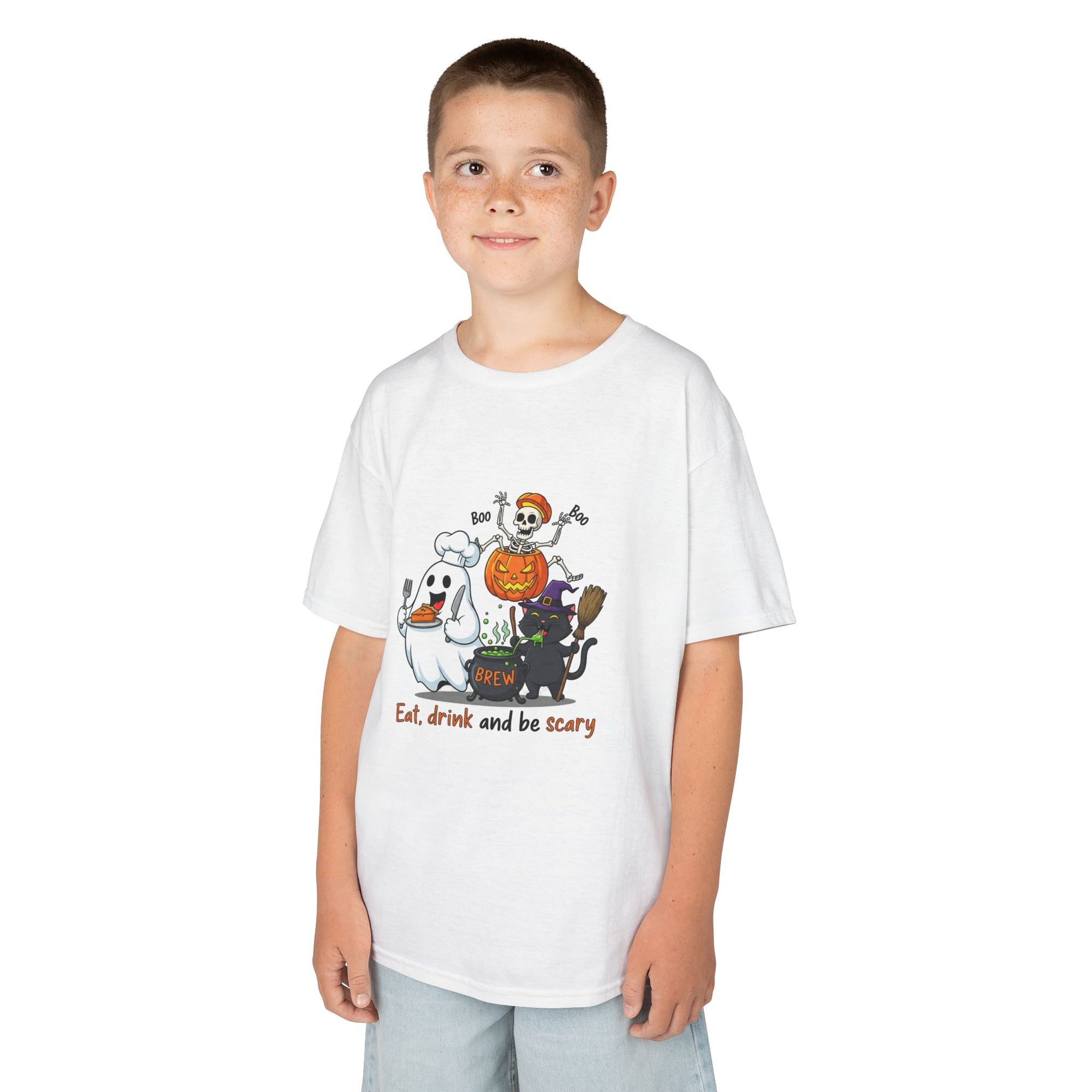 Eat Drink and Be Scary Kids Halloween T-Shirt | Cute Ghost Skeleton Pumpkin Cat Shirt for Boys Girls Trick or Treat Tee - Atlas Briefly