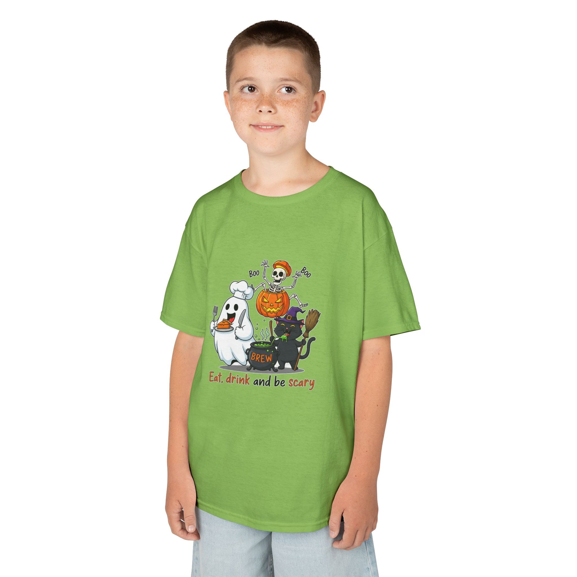 Eat Drink and Be Scary Kids Halloween T-Shirt | Cute Ghost Skeleton Pumpkin Cat Shirt for Boys Girls Trick or Treat Tee - Atlas Briefly