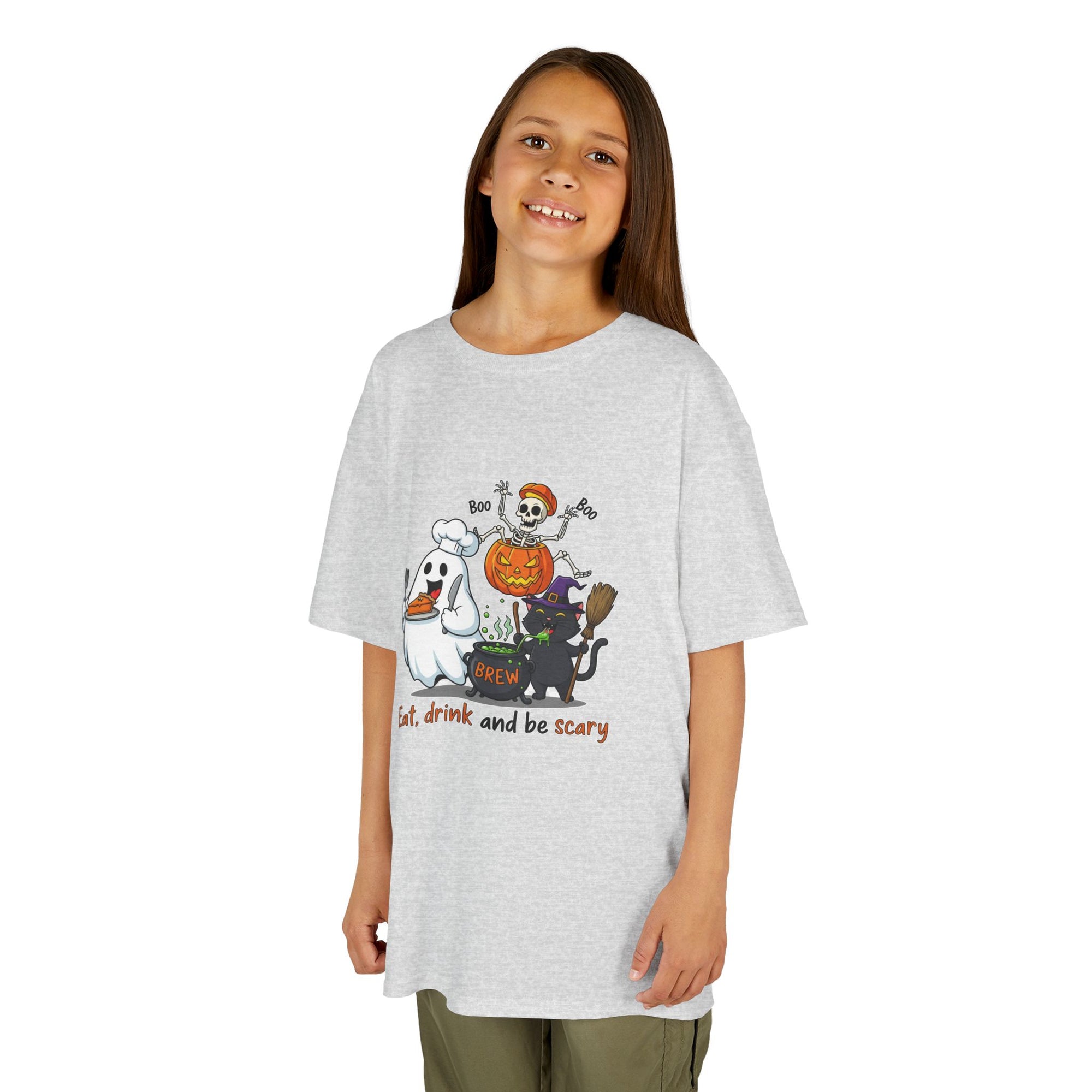 Eat Drink and Be Scary Kids Halloween T-Shirt | Cute Ghost Skeleton Pumpkin Cat Shirt for Boys Girls Trick or Treat Tee - Atlas Briefly